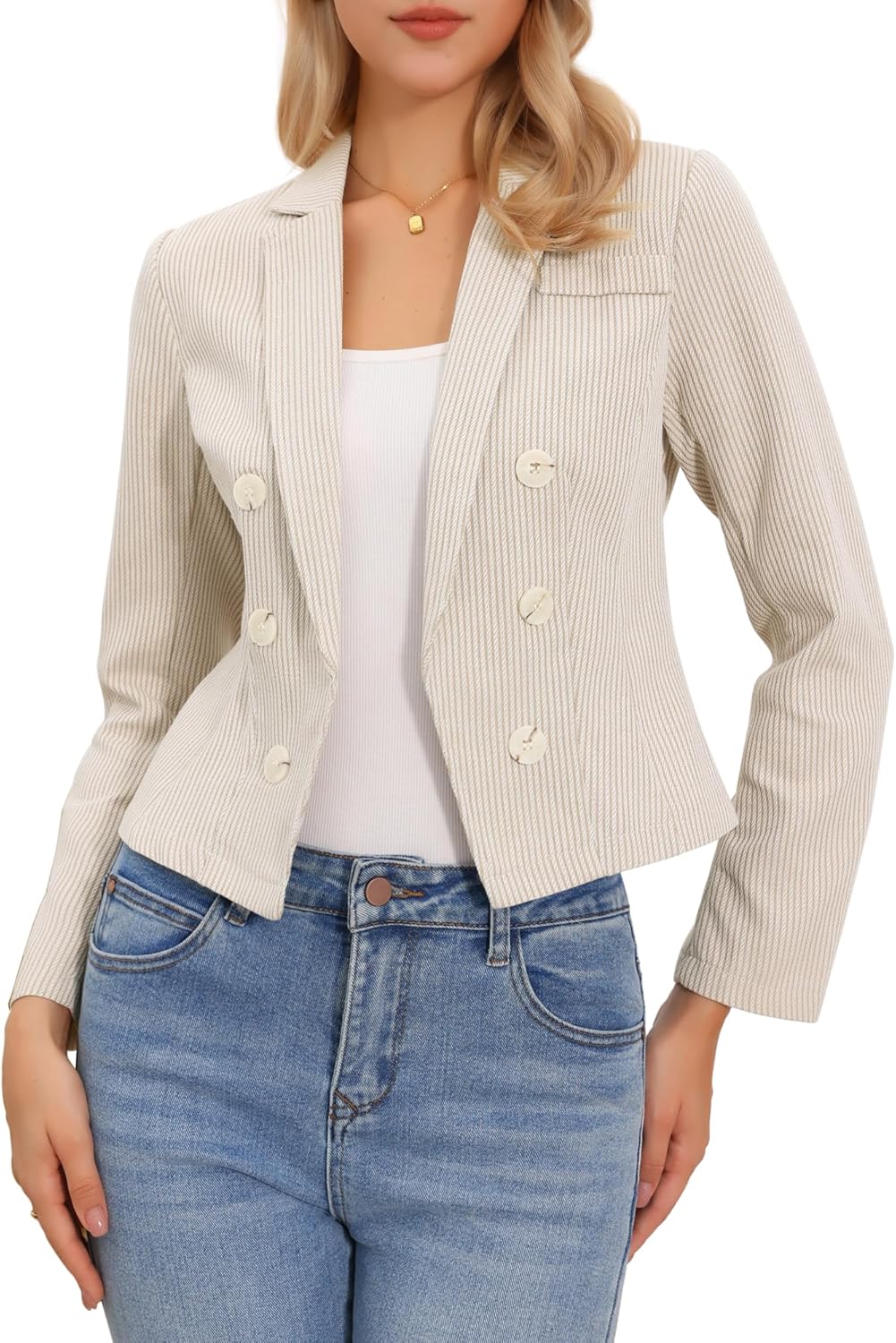 Allegra K Fitted Blazer for Women's Casual Dressy Notch Lapel Open Front Crop Striped Office Suit Jackets
