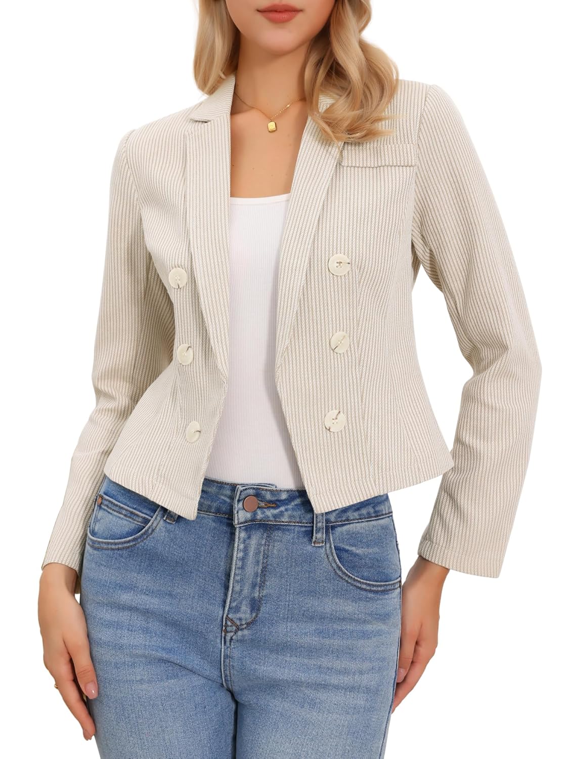 Allegra K Fitted Blazer for Womens Casual Dressy Notch Lapel Open Front Crop Striped Office Suit Jackets