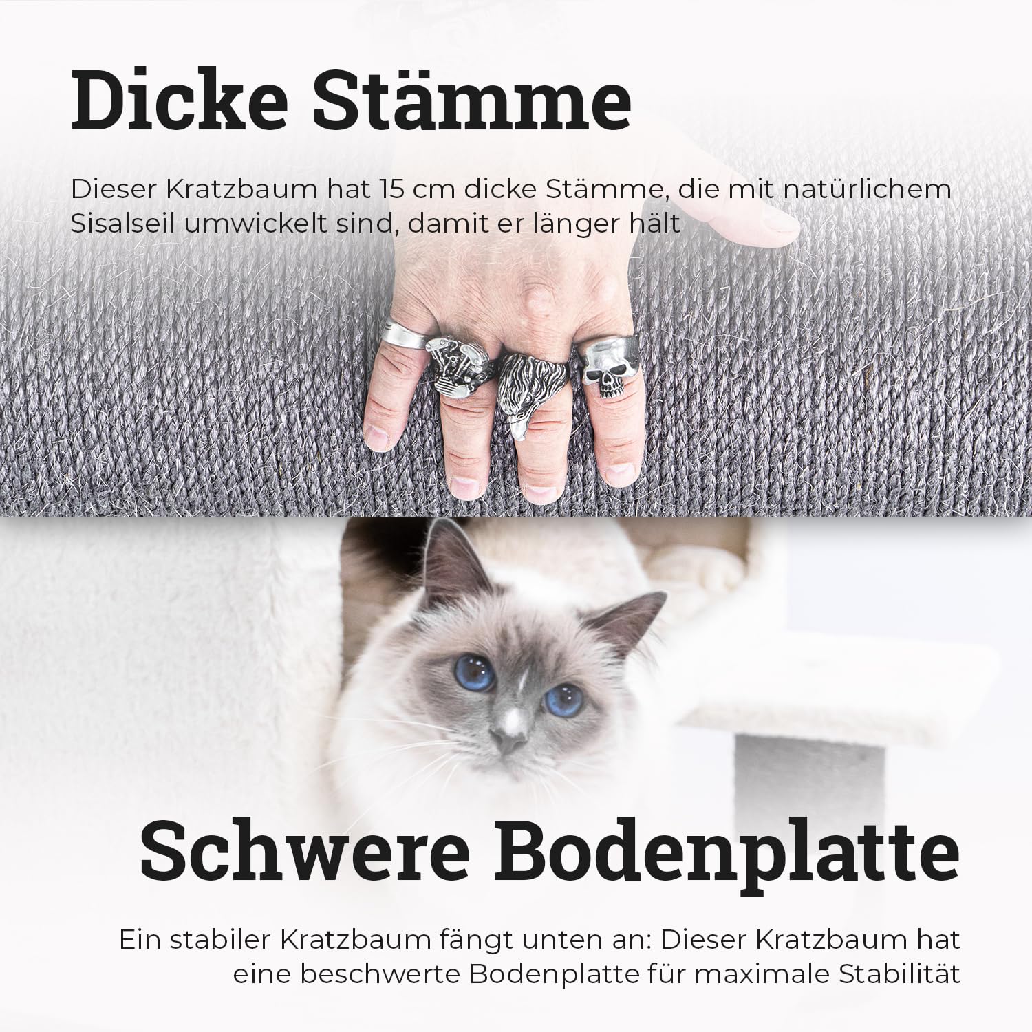 Petrebels XXL Kratzbaum Grosse Katzen Stabil Lookout 198 cm, Off-White | für Maine Coon & große Katzen, Ø 15 cm dicke Stämme, mit XL Hängematten, Schlafhöhle, Loungesofa & extra dicke Bodenplatte