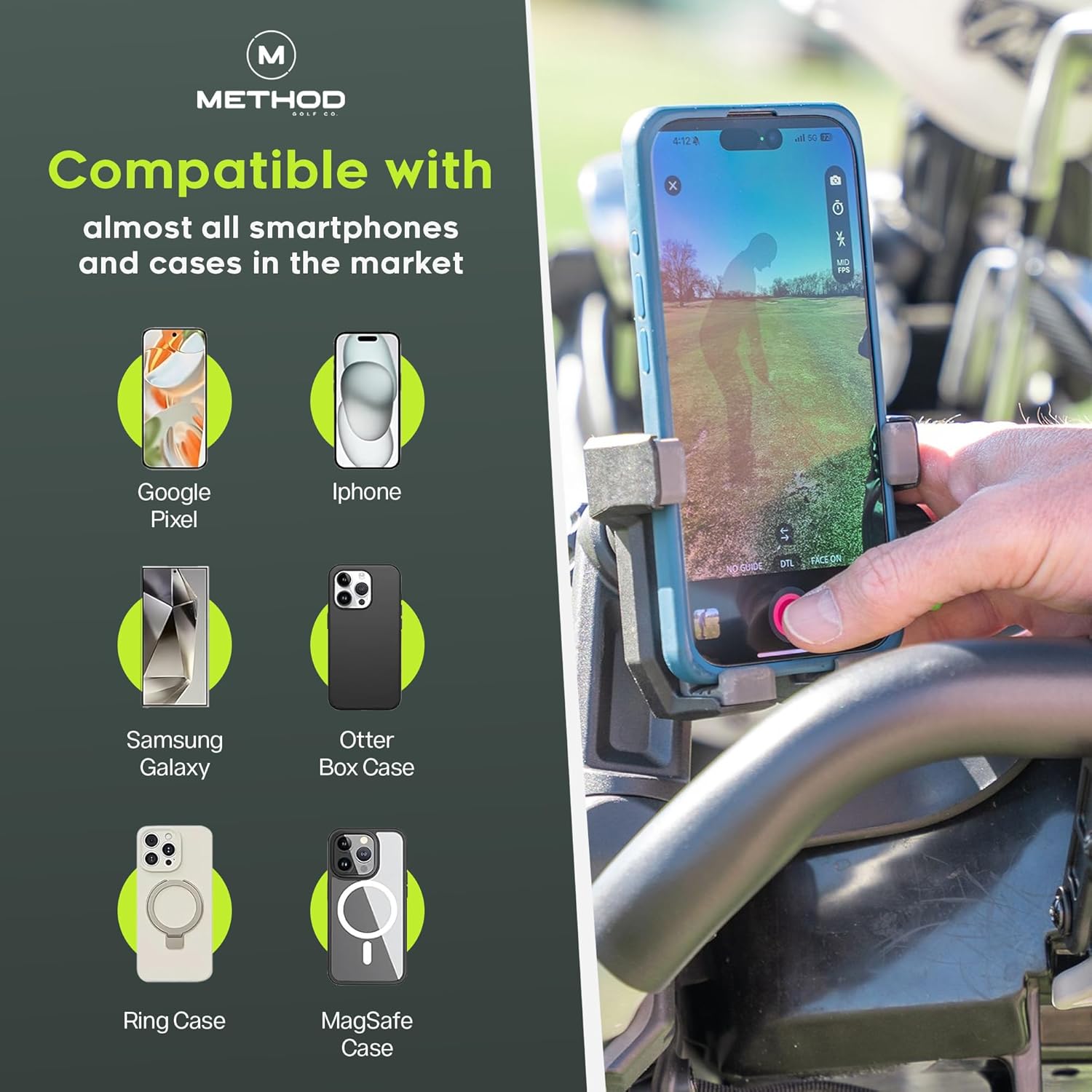 Method Golf PushStack Pro Pack- Magnetic Phone Holder for Golf Push Cart Plus Rangefinder Magnetic Strap, MagStack Microfiber Towel and Club Brush with MagStack Tile- Universal Fit for Most Phones