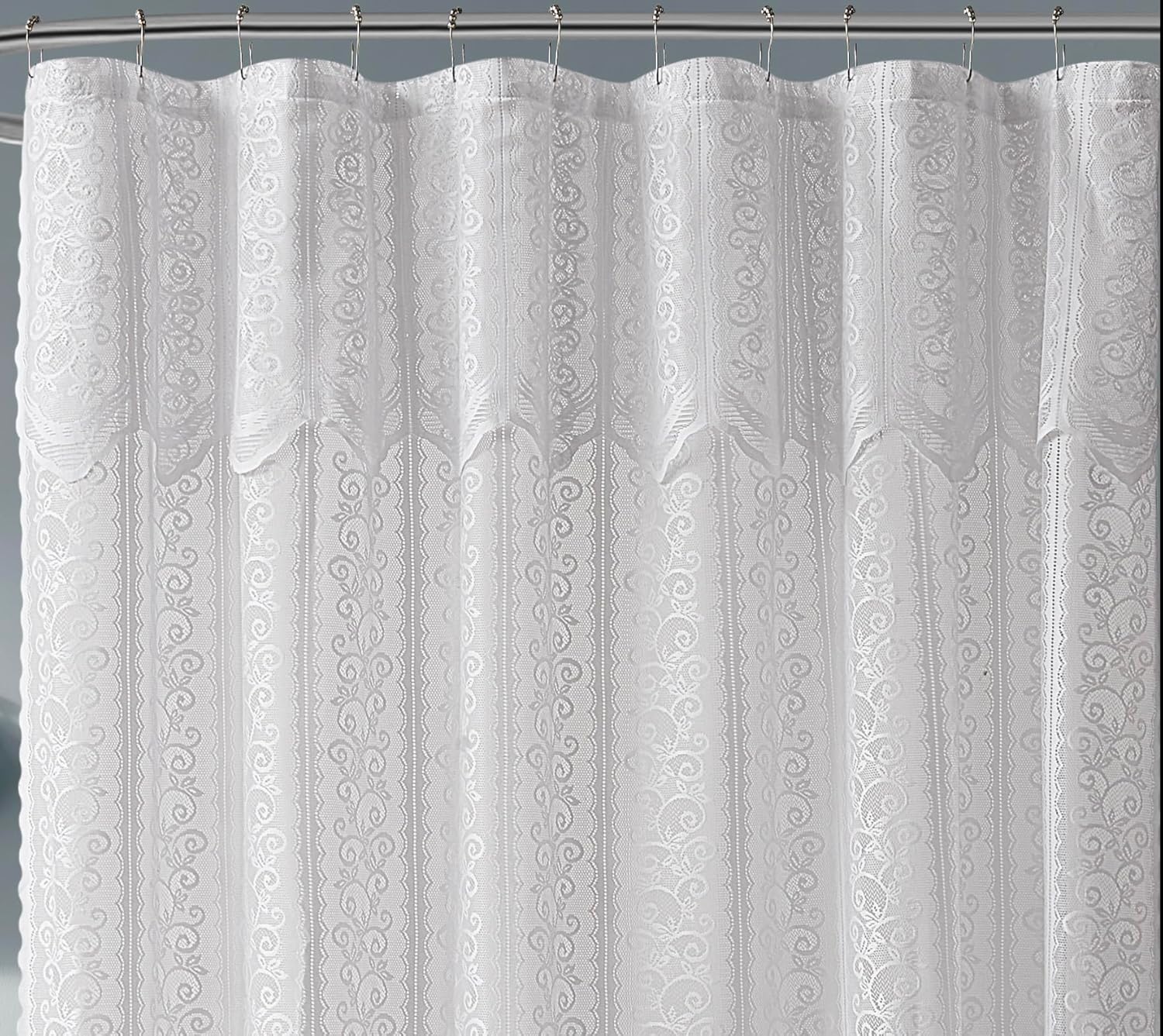 LinenZone 72" x 84" White Lace Shower Curtains with Attached Valance. Floral Paisley Shower Curtain with Scalloped Edges for Vintage or Farmhouse Bathroom Décor. (Riba Shower 72 x 84, White)