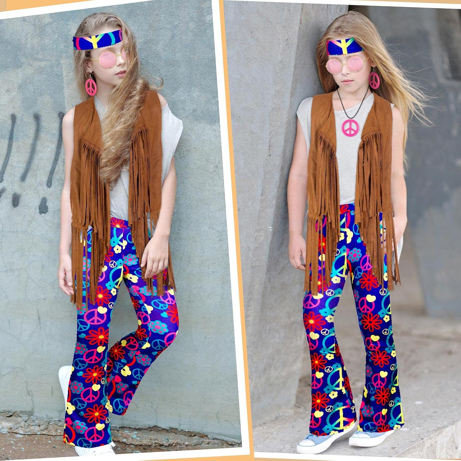 Jenaai 7 Pcs Kids 60s 70s Hippie Outfits for Girls Costume Set Boho Flared Pants Hippie Outfits Accessories Set