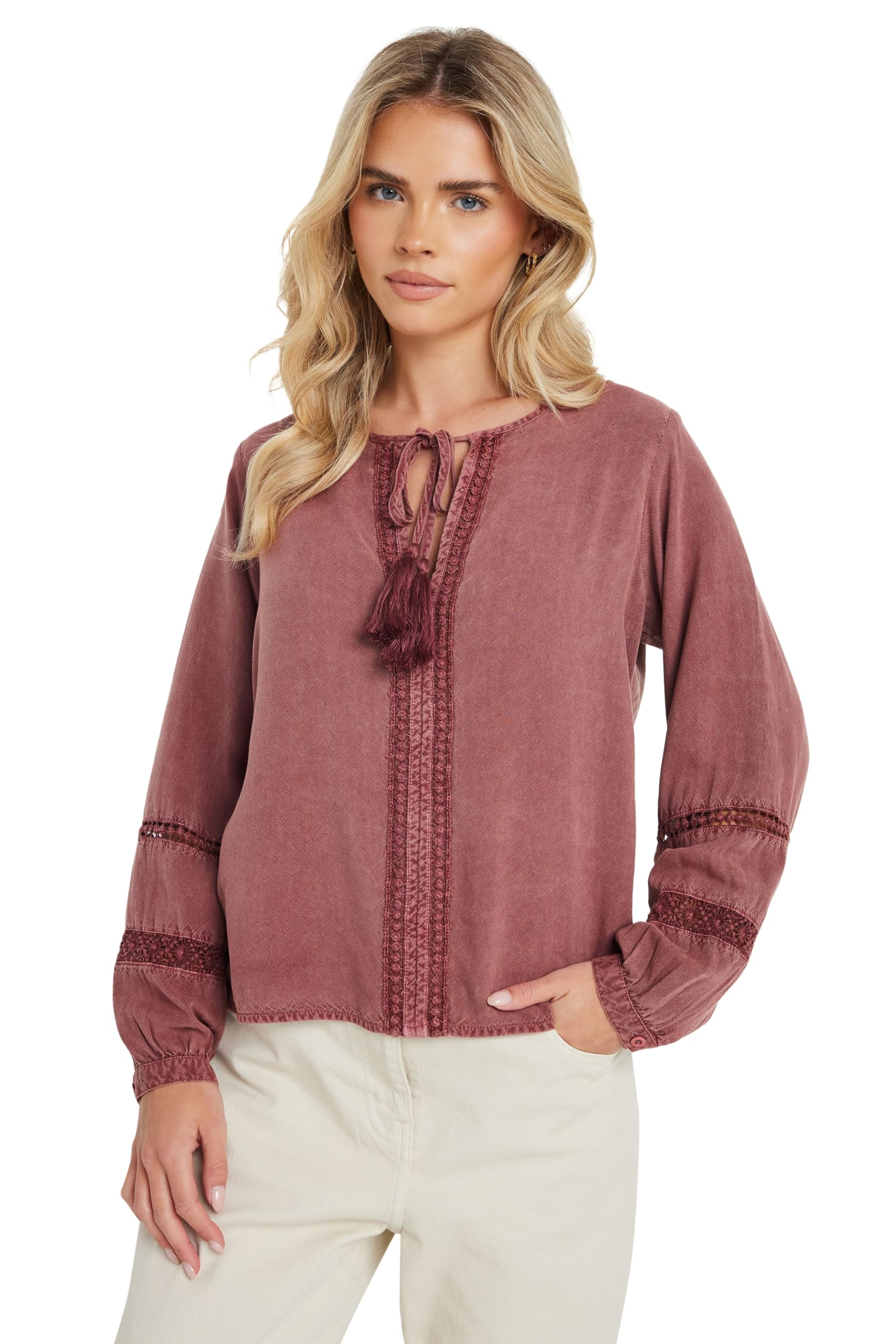 M&Co Petite Long Sleeve Tie Neck Blouse - Women's Pink