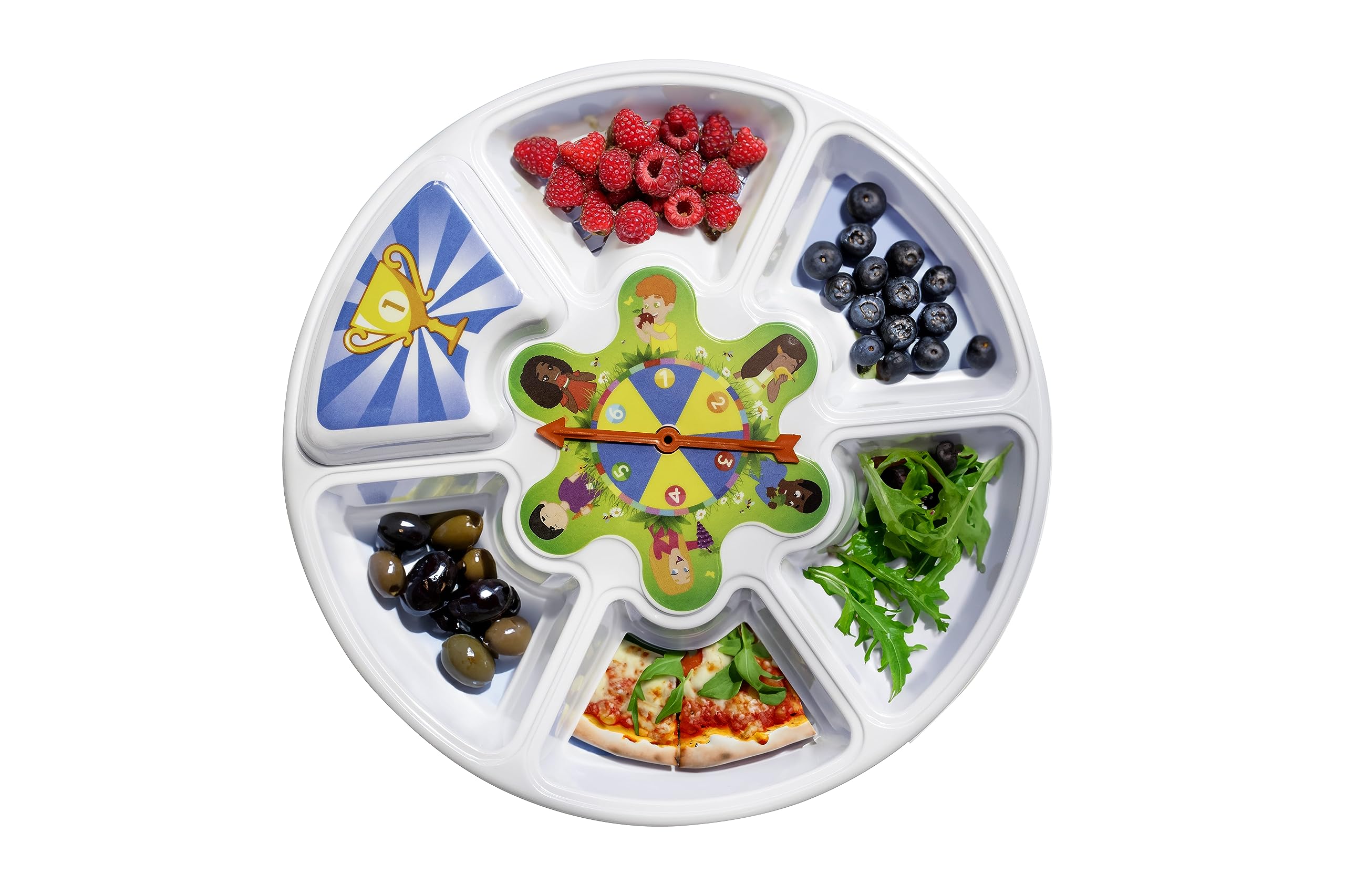Jeuplay Snack Supper Spinner for Kids, Fun Divided Plate with 6 Compartments, Prize Lid & Spinner, Encourages Picky Eaters