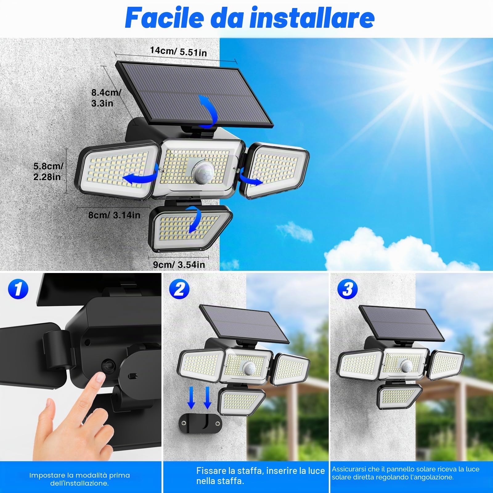 Peasur 2 Pezzi Faretto Led da Esterno Solare, 318 LED Luce Solare con Sensore di Movimento, 4 Testa 3 Modes Impermeabile Faretti Solari, Luci Solari per Giardino Garage Parete