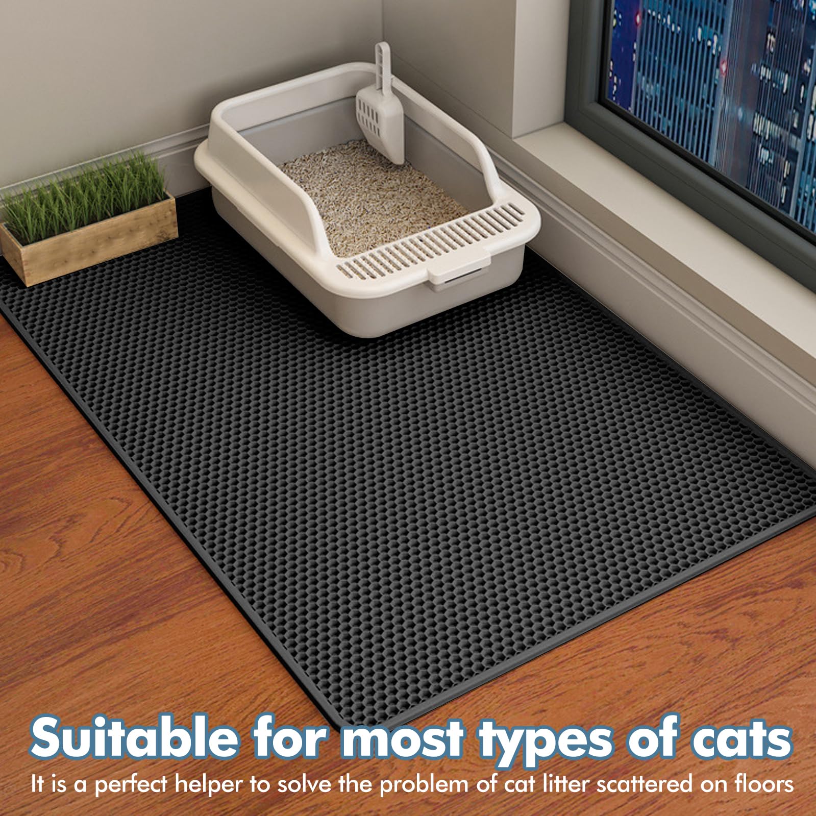 Tapis de litière pour chat 90 x 60 cm - Double couche - Grand tapis de litière pour chat - Imperméable et antidérapant - Design nid d'abeille - En EVA - Noir