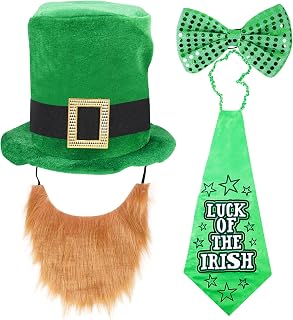 4pcs Leprechaun Costume St Patricks Day Hat Set Including lrish Hat, Beard, Bow, Tie, St Patty's Day Accessories for Men Women