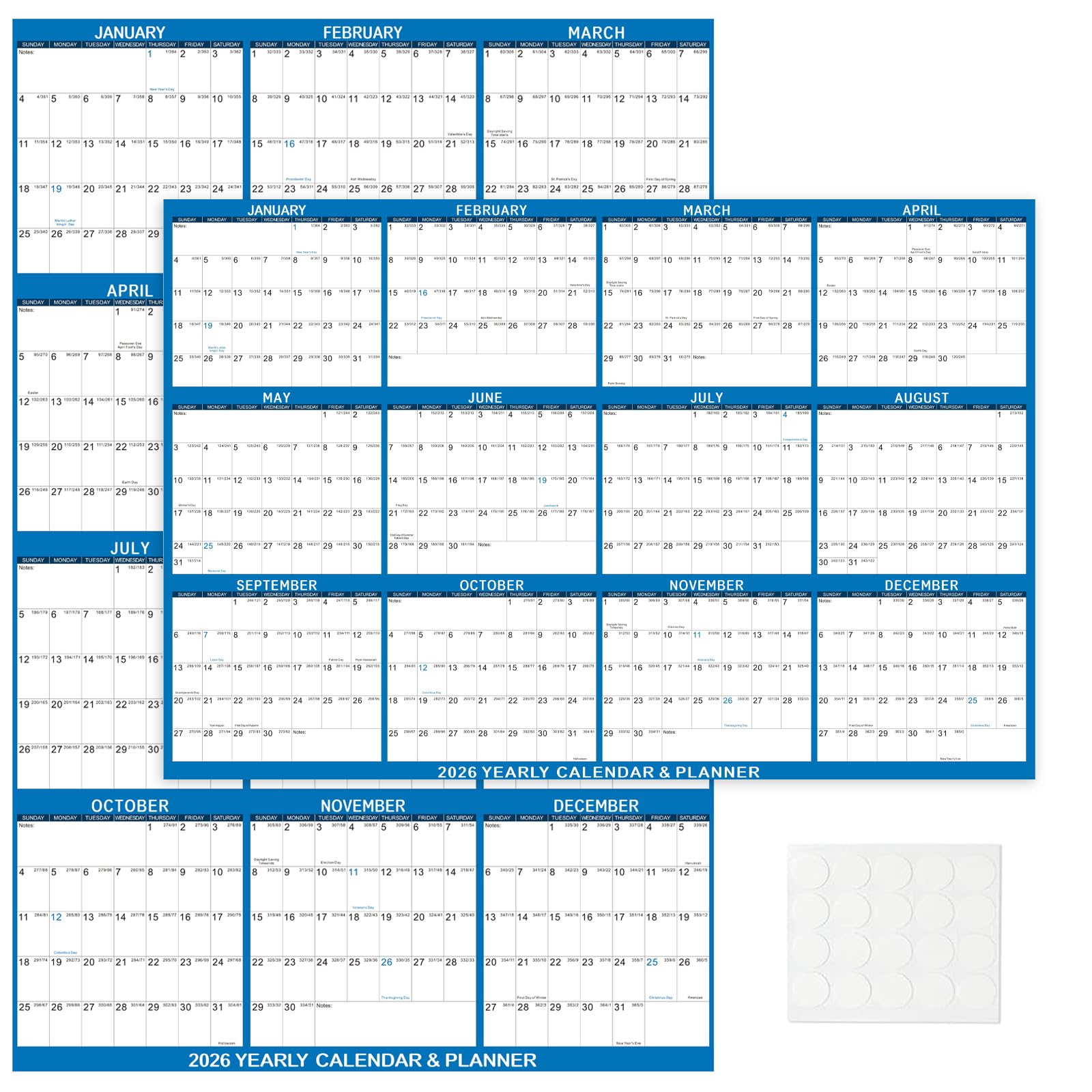 Calendario da parete 2026, 61 x 91,4 cm, cancellabile a secco, da gennaio 2026 a dicembre 2026, 12 mesi, annuale, grande, per ufficio e scuola (blu)
