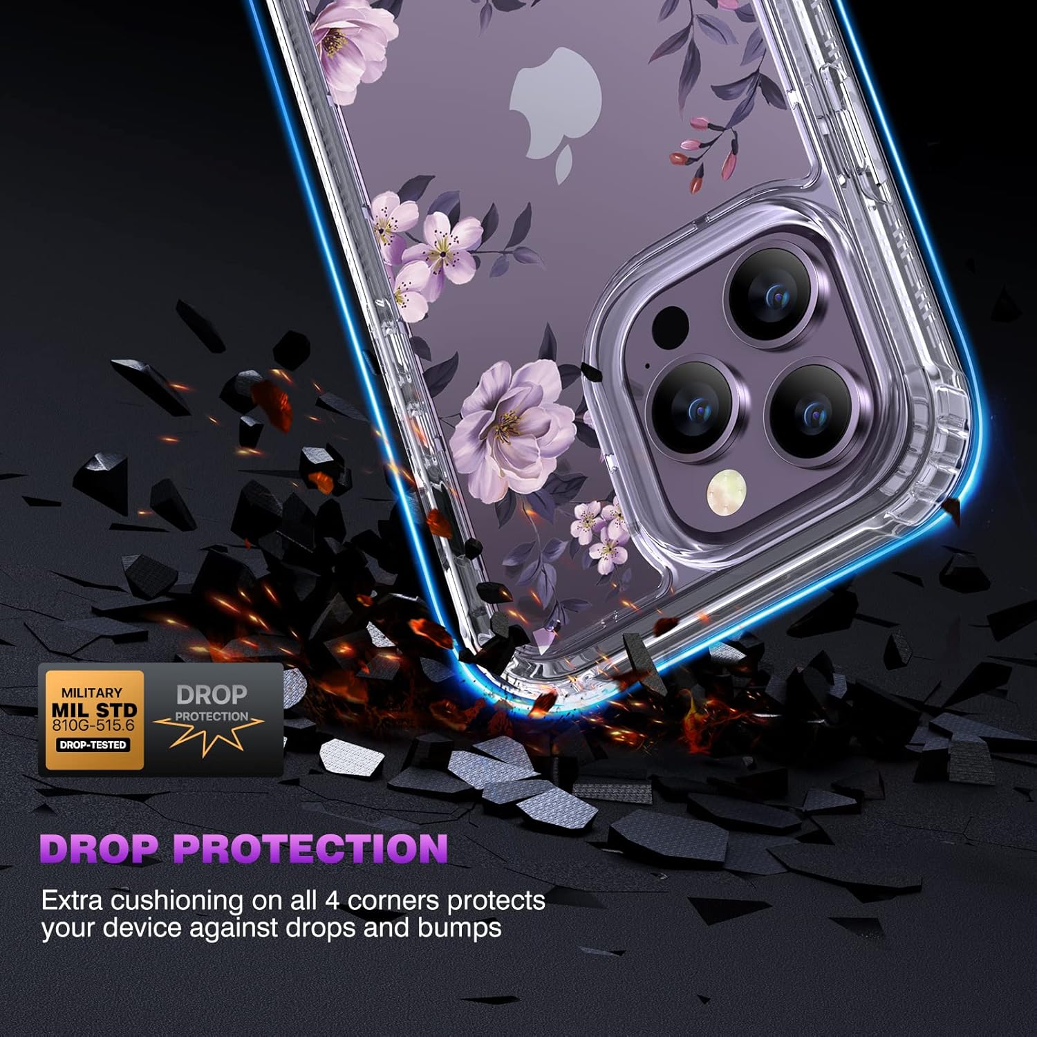 Diaclara Designed for iPhone 14 Pro Max Case 6.7’’, Full Body Rugged Phone Case w/Built-in Sensitive Anti-Scratch Screen Protector+9H Tempered Glass Camera Lens Protector(Clear Flower) - Image 3