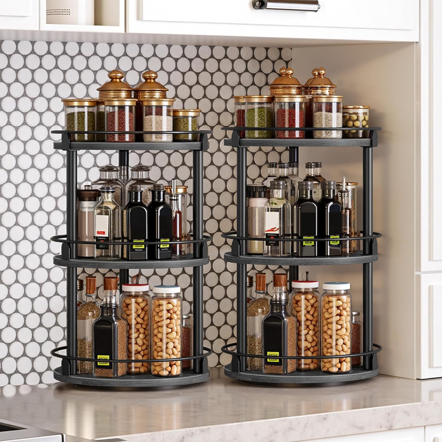 YATINEY Spice Rack, Set of 2 Lazy Susan Organizer, 3 Tier Turntable Organizer For Cabinet, Compact and Versatile, for Kitchen Countertop, Black SR23L2BB