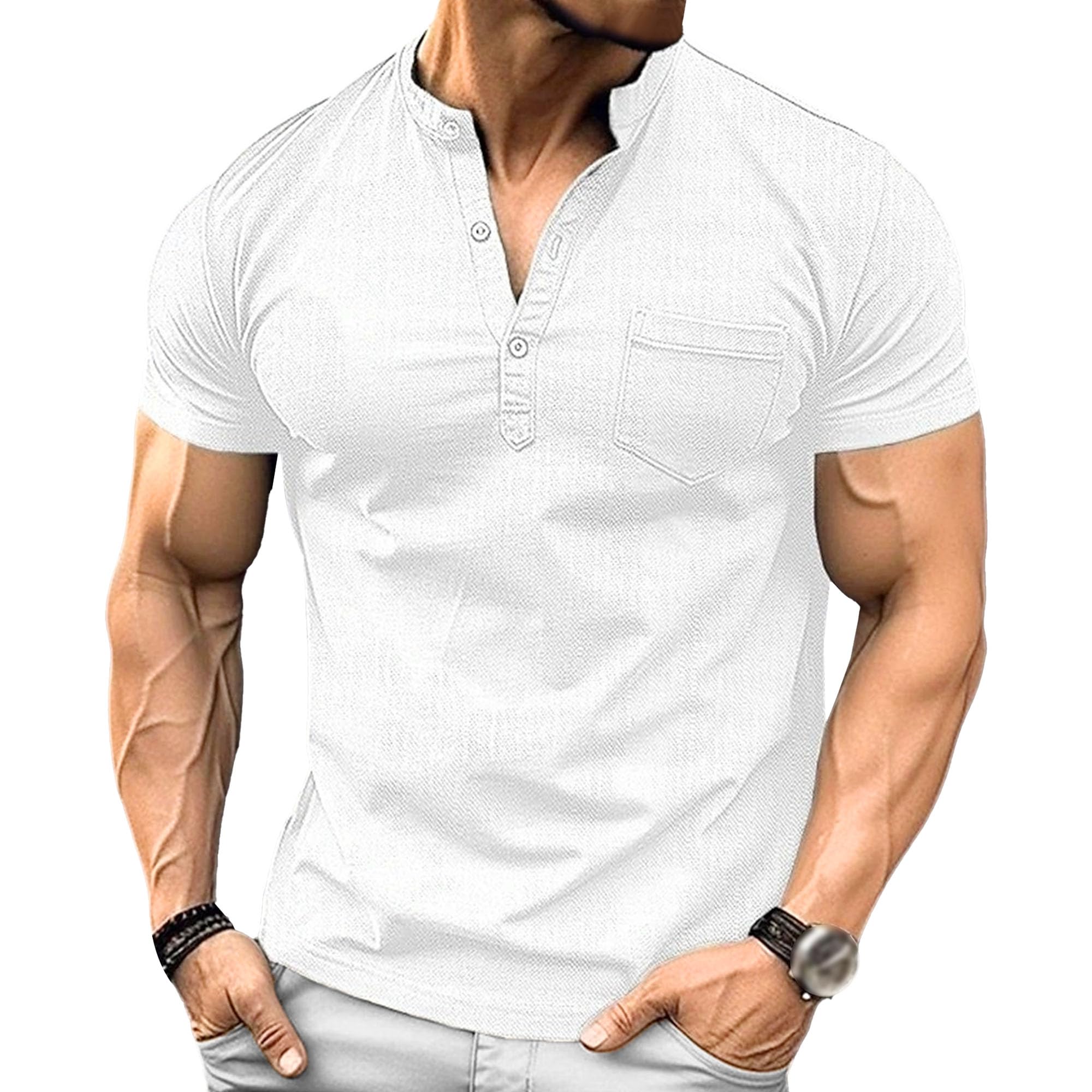 Men Quarter Button Short Sleeve Henry Shirts Trendy Street Stand Collar T Shirt Summer Slim Fit Casual Pullover Tops (White,XX-Large)