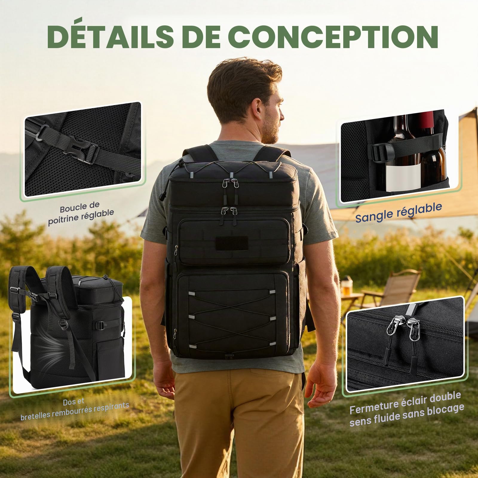 RAINSMORE Sac a Dos Isotherme Glaciere 30L Étanche pour Pique-Nique Sac a Dos Isotherme Repas Adulte Imperméable pour Plage Camping BBQ Noir