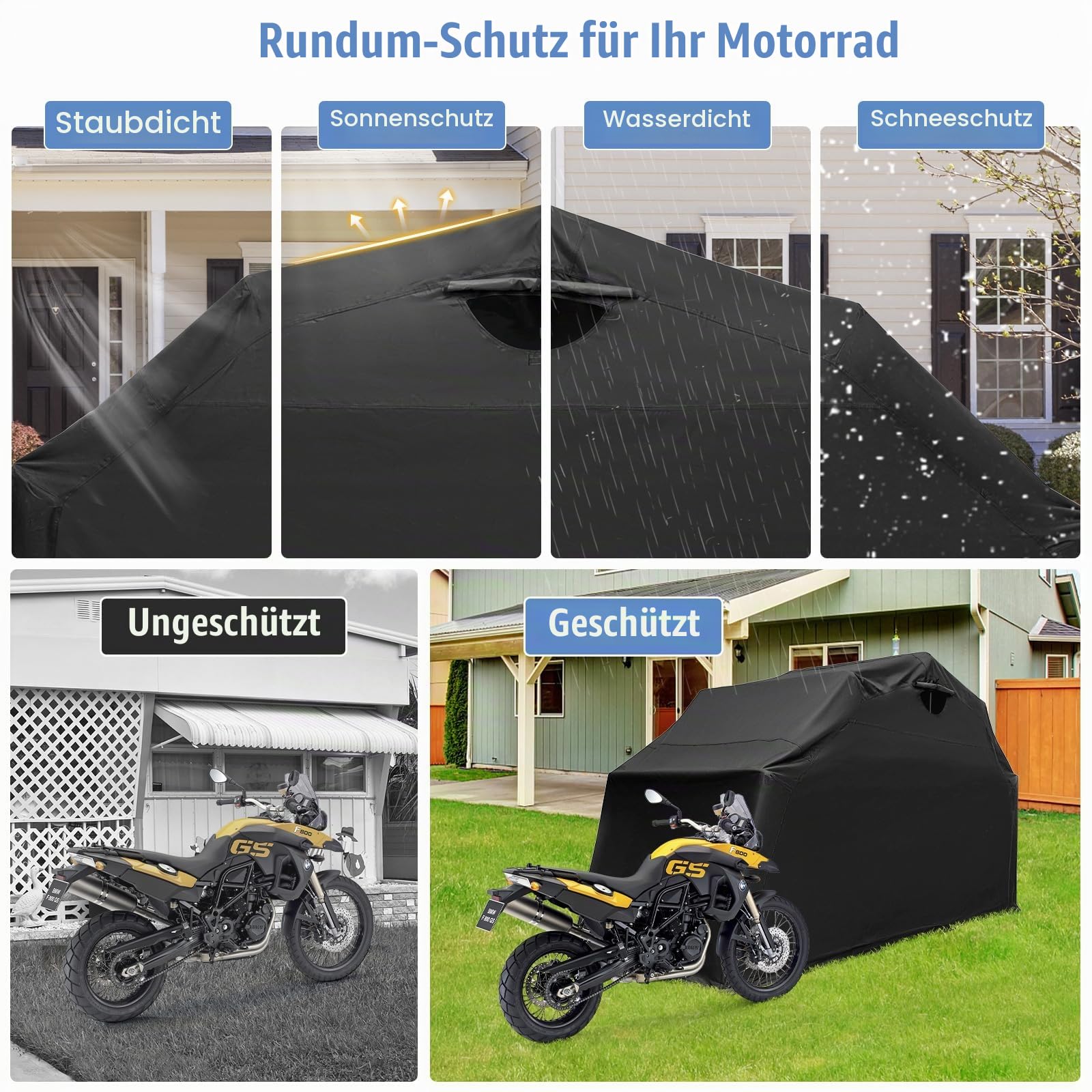 FANTASK Motorrad Zelt Garage, 342 x 137 x 190 cm, Universal Faltgarage Oxford-Stoff, Faltgarage wetterfest mit Metallrahmen für Motor Moped Roller Motorroller, Schwarz