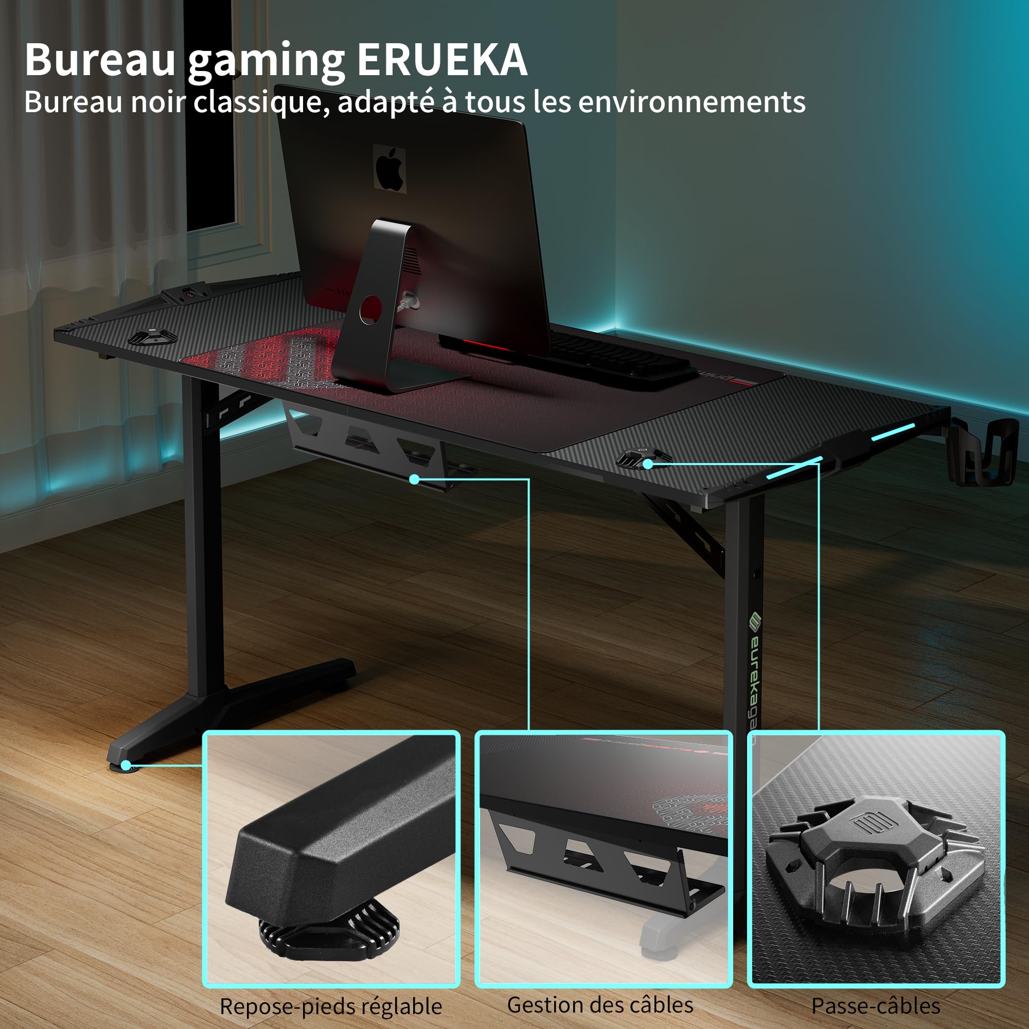 EUREKA ERGONOMIC Bureau Gaming LED Bureau Gamer 140x60 cm Bureau Informatique pour Gaming PC avec Lumière RGB, Gratuit Tapis Souris, Porte Gobelet, Crochet Casque