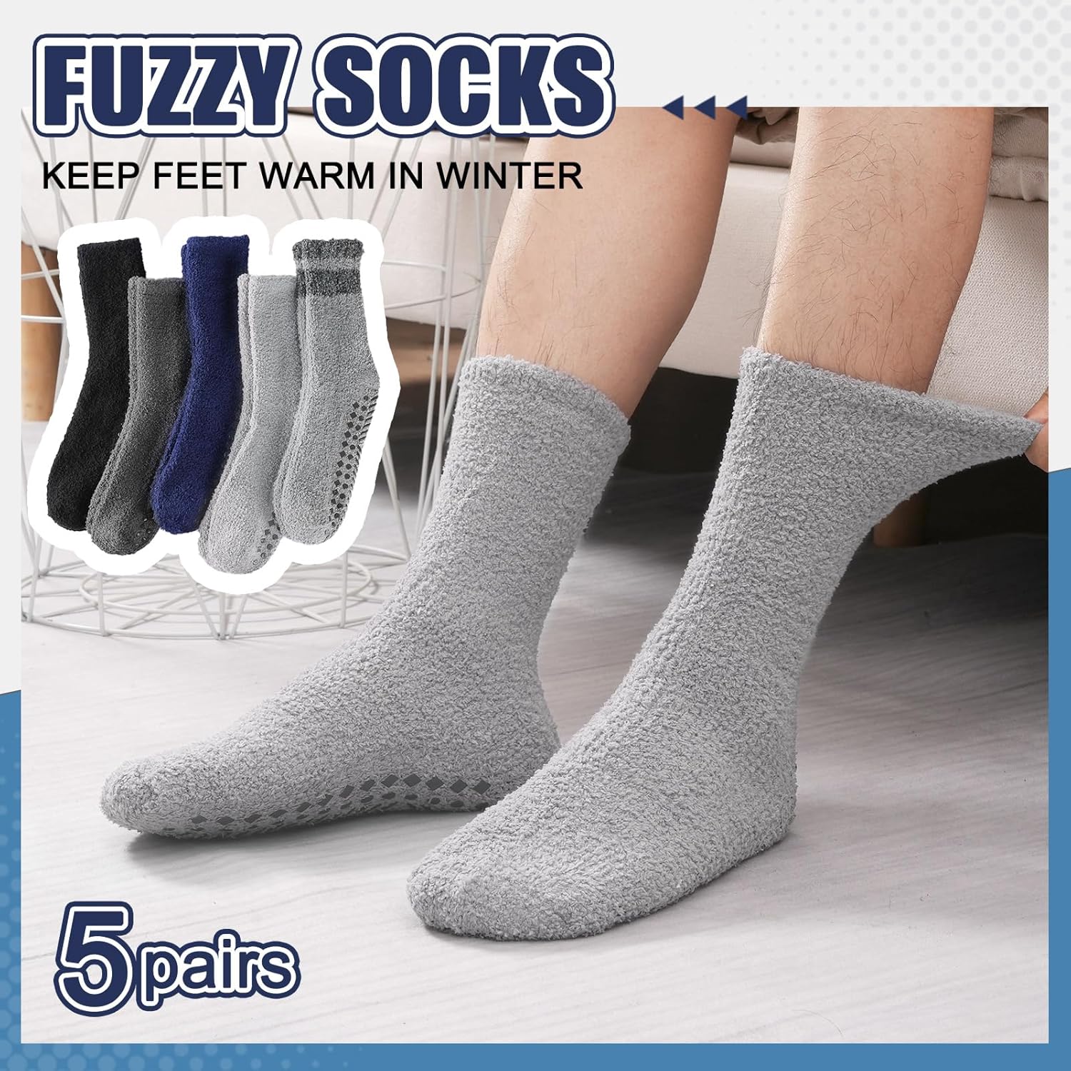 floconssy Fuzzy Socks Men with Grips, Cozy Fluffy Elderly Slipper Sock Non Slip Thick Winter Warm Hospital Sleep Home 5 Pairs