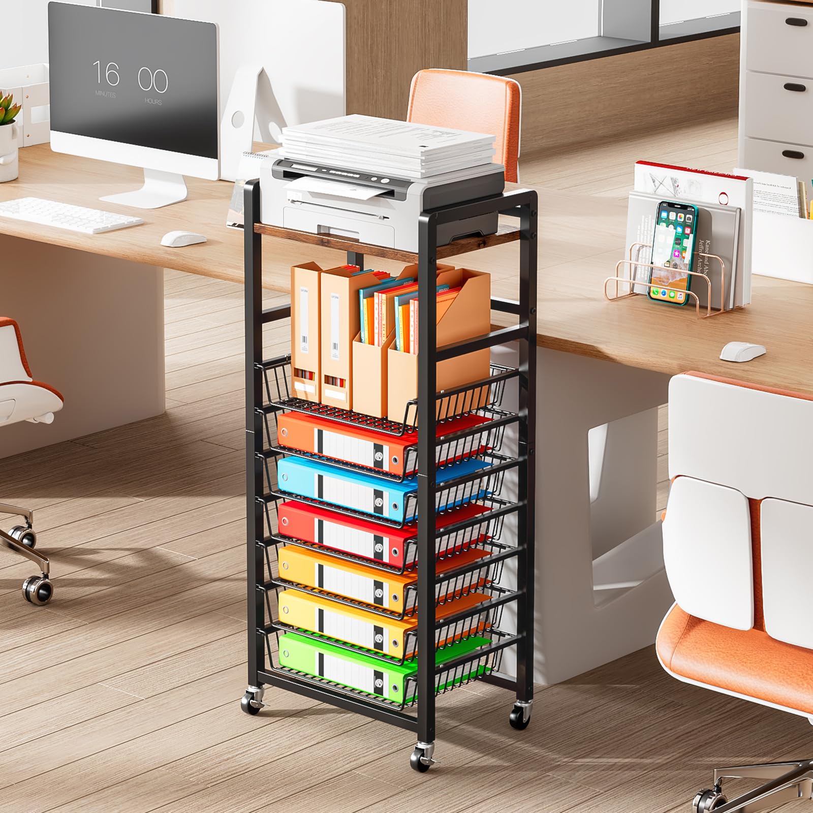 Carrito Organizador Móvil de 8 Niveles con Bandejas Metálicas | Tablero Superior de Madera, Ruedas Giratorias 360°, Negro, 44,5 × 28 × 106,5 cm, para Oficina y Hogar
