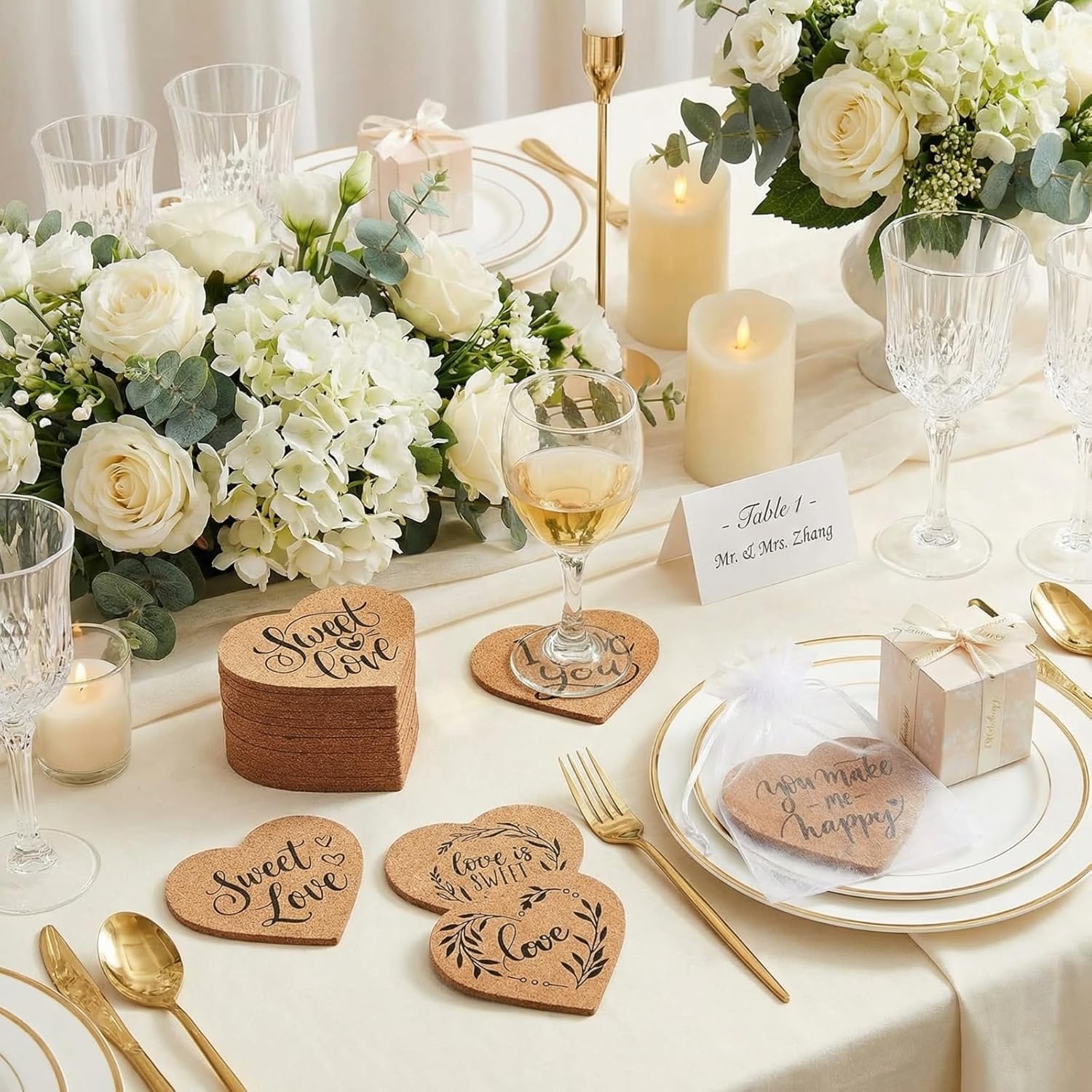 Umigy 100 Sets Wedding Favors Coasters for Guests Bulk 5 Styles Heart Shaped Cork Coasters Souvenirs Bridal Shower Thank You Gifts with Cards Organza Bags for Wedding Engagement Party Favors Gifts