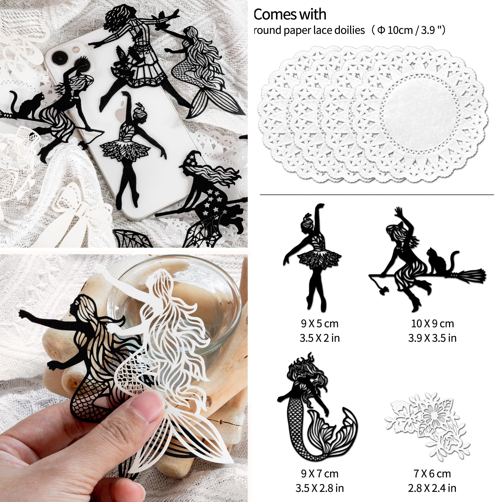 Mayplous Vintage Lace Cutouts - 4 Pack Fairytale Die-Cut Doilies for Card Making Journaling & Collage, Black and White - Image 3