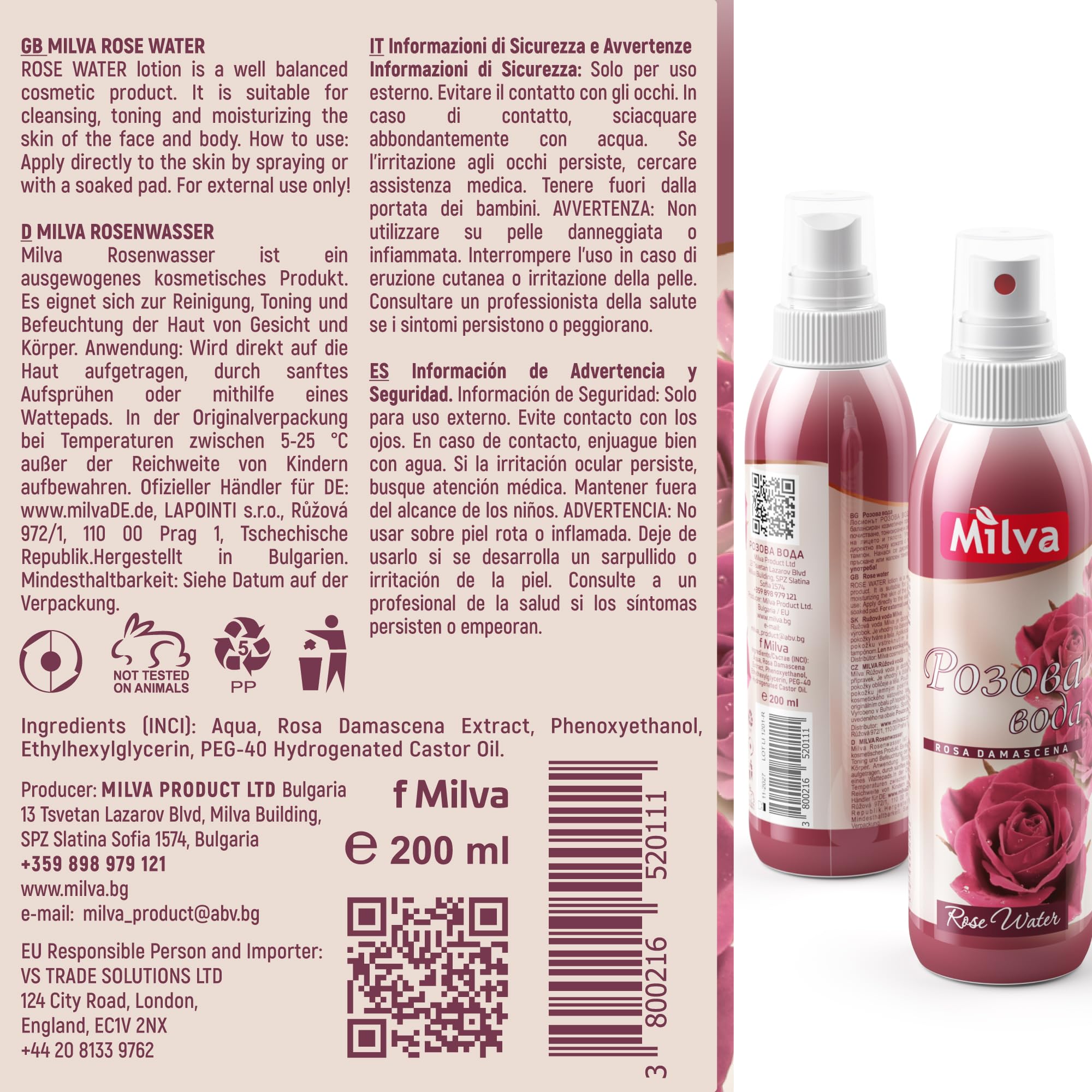 Milva Acqua di Rose Spray Idratante per Corpo e Viso, 200 ml – Tonico Spray Rinfrescante con Olio di Rosa Damascena Bulgara – Struccante Senza Alcol – Acqua di Rose Naturale anche per Capelli