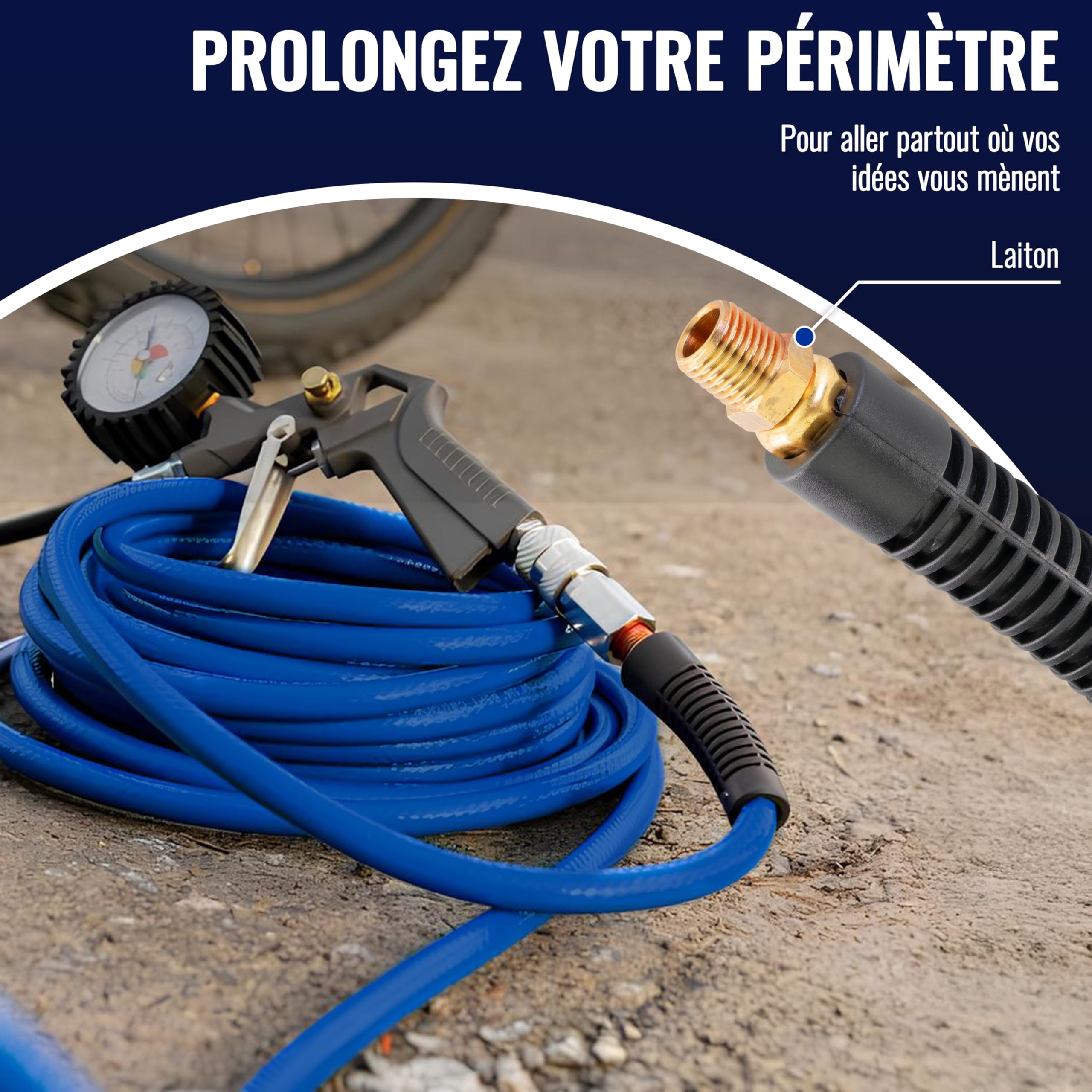 Poppstar Tuyau à Air Comprimé PVC Hybride 10m, Diamètre Intérieur 9,2mm, Douille en Laiton 1/4", 20 bar, Bleu