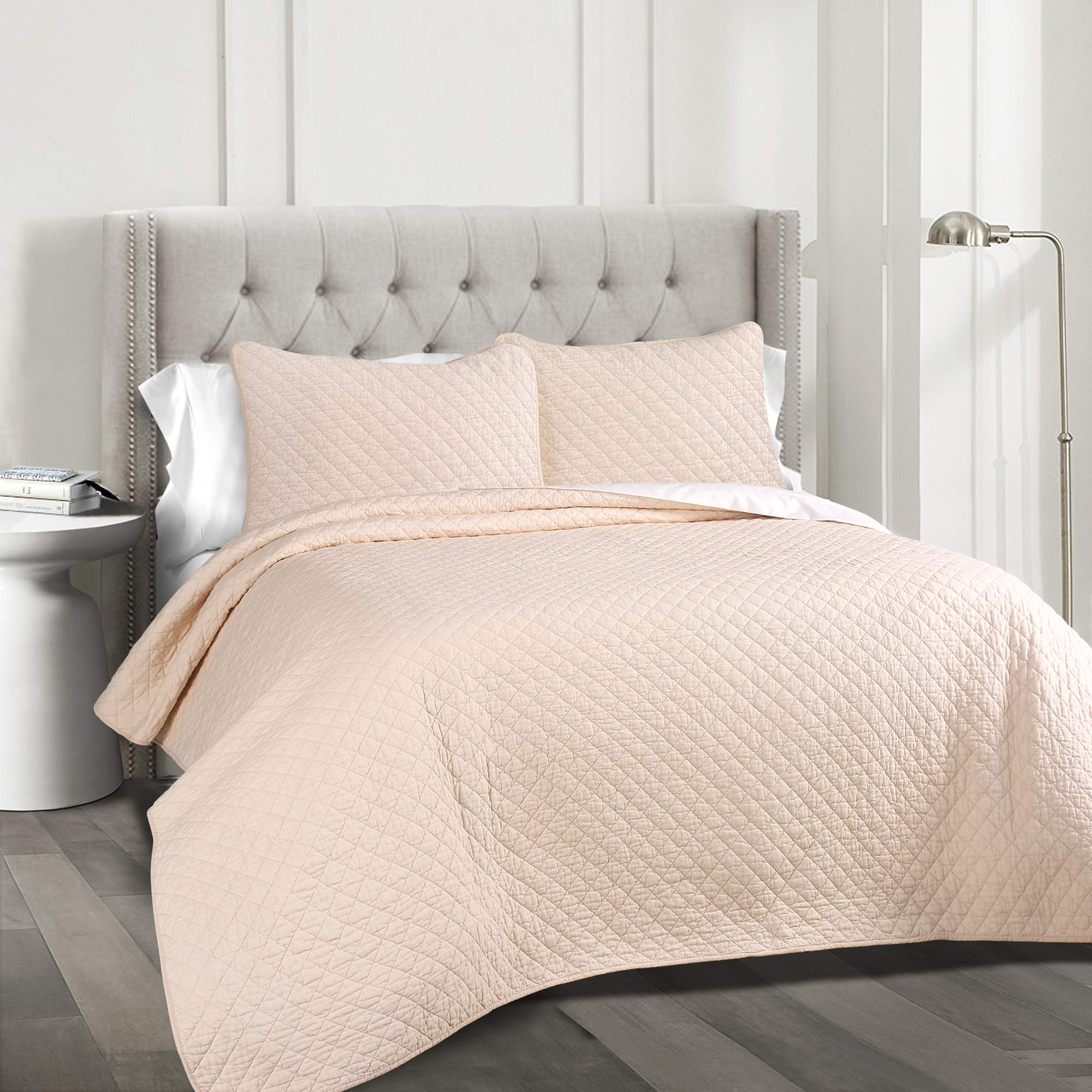 Lush DecorAva Quilt Diamond Pattern Solid 3 Piece Oversized Bedding Blanket Bedspread Set - Full Queen - Blush