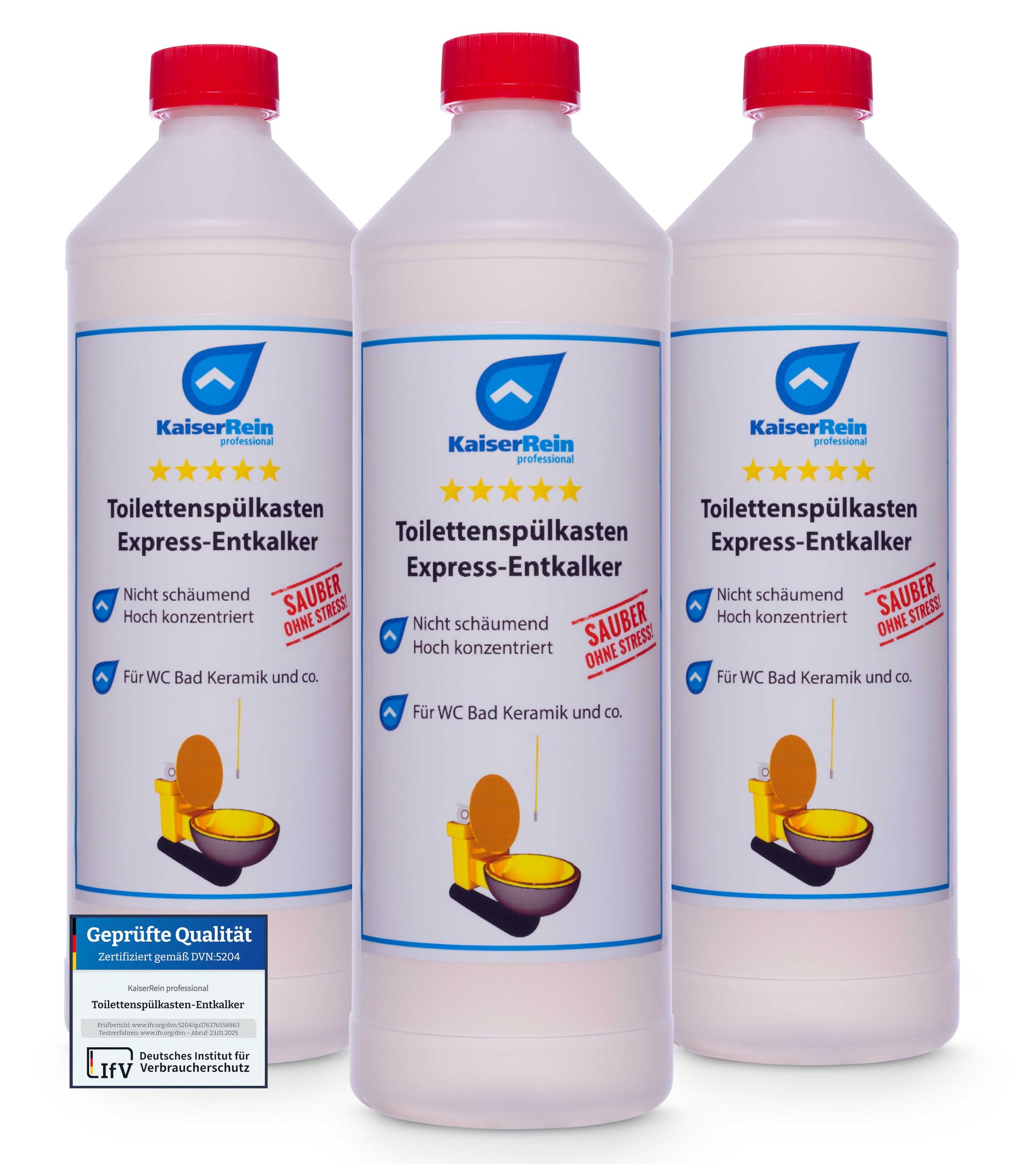 KaiserRein Toilettenspülkasten Express-Entkalker 3x 1L - Extra starker Kalklöser für Kalkablagerungen in WC, Spülkästen und Keramik, Entkalker, Spülkasten Reiniger