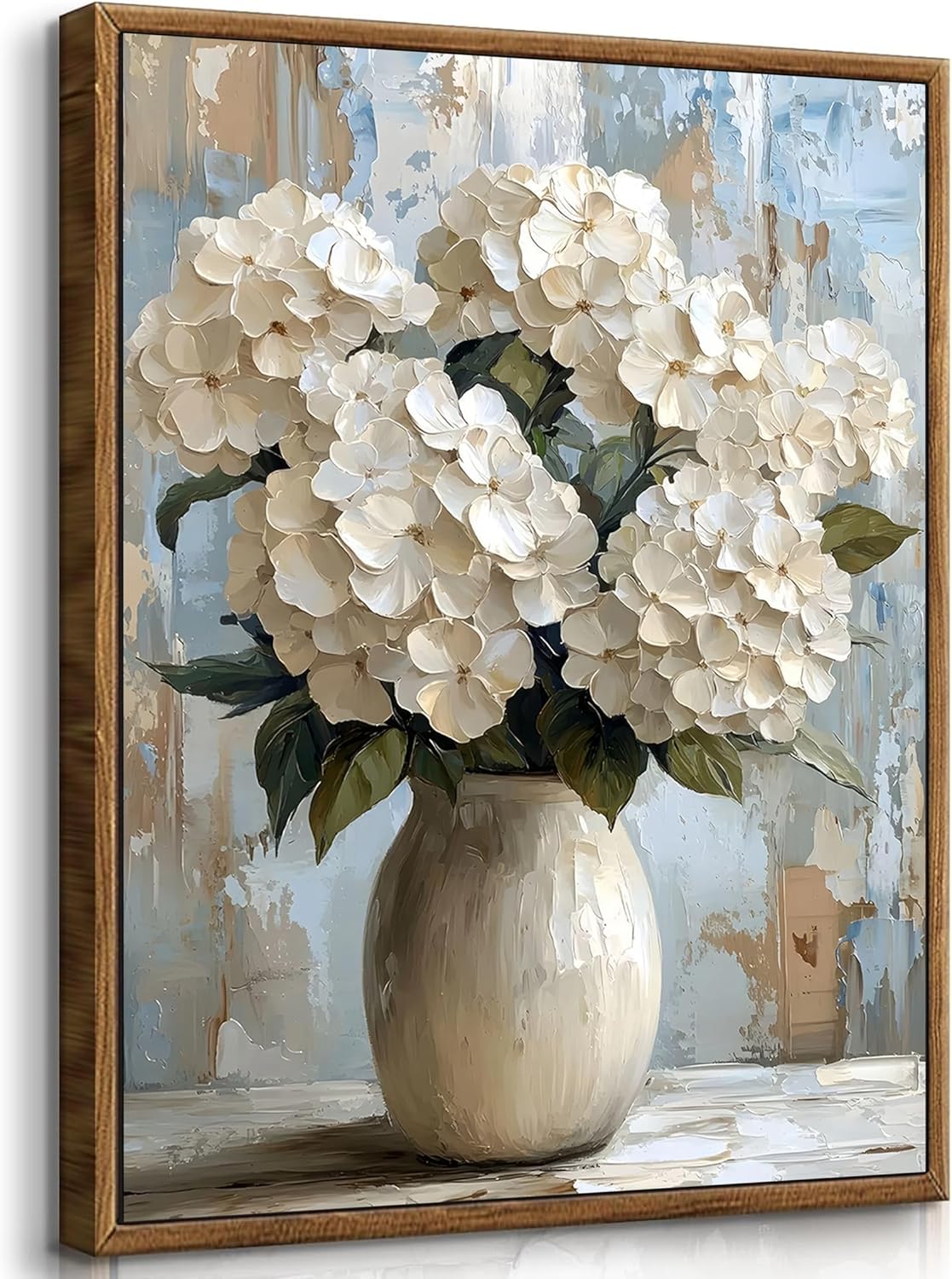 Vintage Framed Hydrangea Wall Art Retro White Hydrangeas Canvas Wall Decor Farmhouse Floral Painting Picture Country Style Poster Prints for Bedroom Living Room Bathroom Home Decoration 16X24in Framed White Hydrangea 16x24in