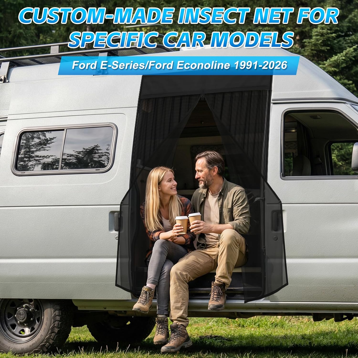 Magnetic Van Bug Screen Customized for Ford Econoline/Ford E-Series E-150 E-250 E-350 E450 1991-2025, Sliding Door Mosquito Net Center Zipper Closure Door Bug Mesh 59 inch(H) X 57 inch(W)