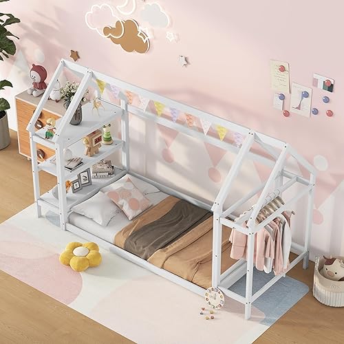 Miniatura 4 de Bellemave Cama de casa con almacenamiento, cama Montessori de tamaño individual con estantes desmontables y barra para colgar, cama de piso de