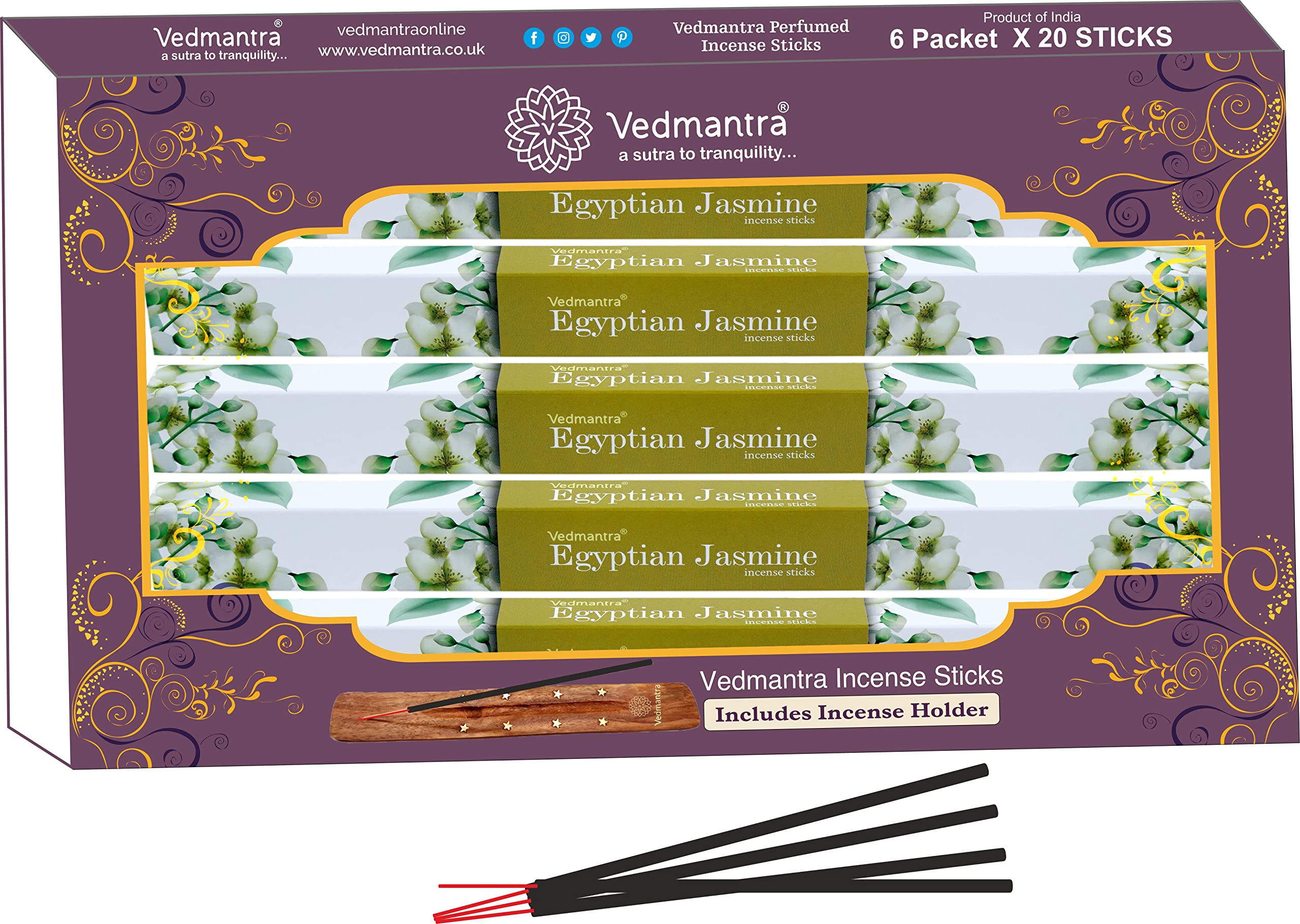 VedmantraSet of Premium Incense Sticks - 6 Packs + Vedmantra Incense Stick Holder - Full Range of Fragrance to Choose from (Egyptian Jasmine)