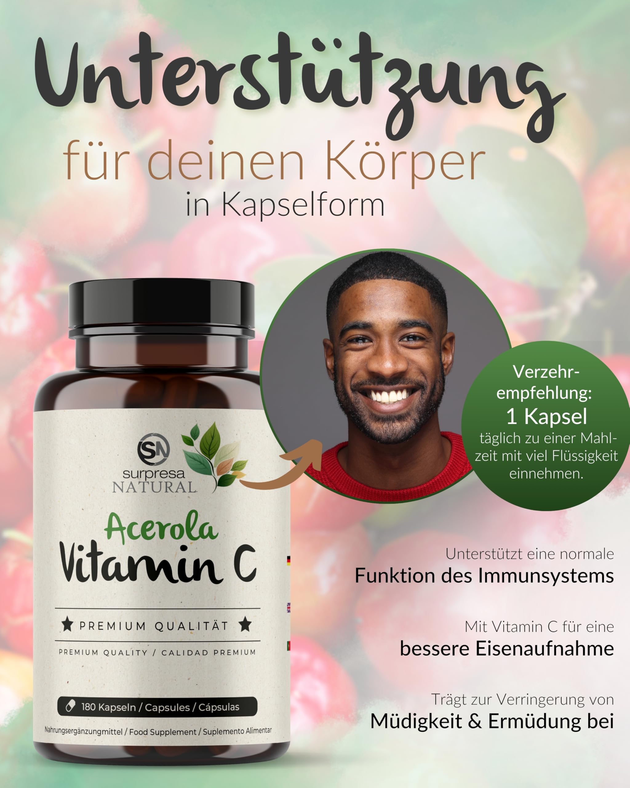 Vitamin C Kapseln I 3 x 180 Stück I 162,5 mg natürliches Vitamin C aus Acerola I Vorrat für 18 Monate I VitaminC-Supplement mit 10 mg Quercetin I hochdosiert, vegan & natürlich