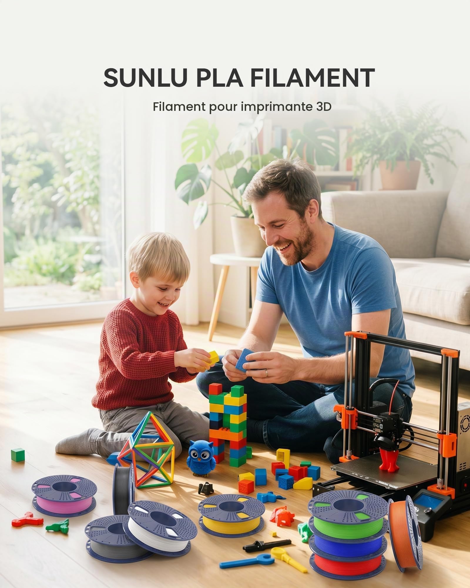 SUNLU PLA Filament Imprimante 3D Multicolor, 8 Packs Filament PLA 1.75mm pour Imprimantes Filament 3D, Bobine Imprimante 3D Filament de 250G.(Noir+Blanc+Gris+Transparent+Rouge+Bleu+Orange+Vert)