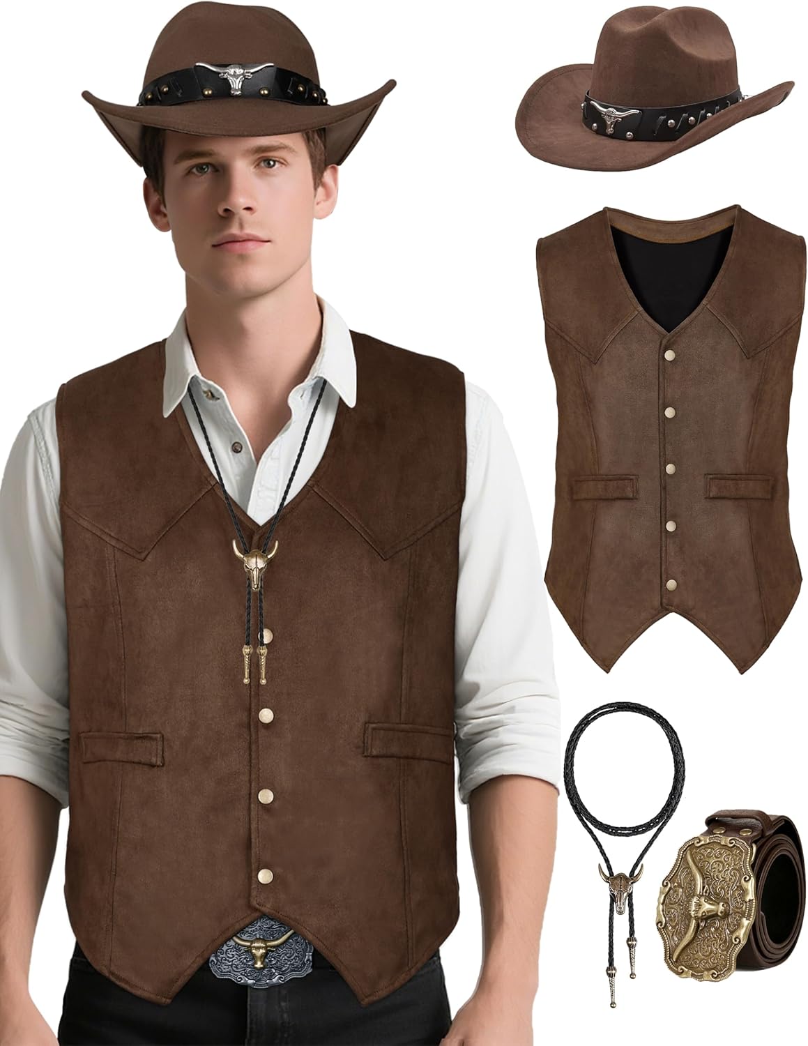 CICOCO Western Outfits Cowboy Costume For Men Adult Classial Cowboy Vest Hat BOLO Holloween Costume