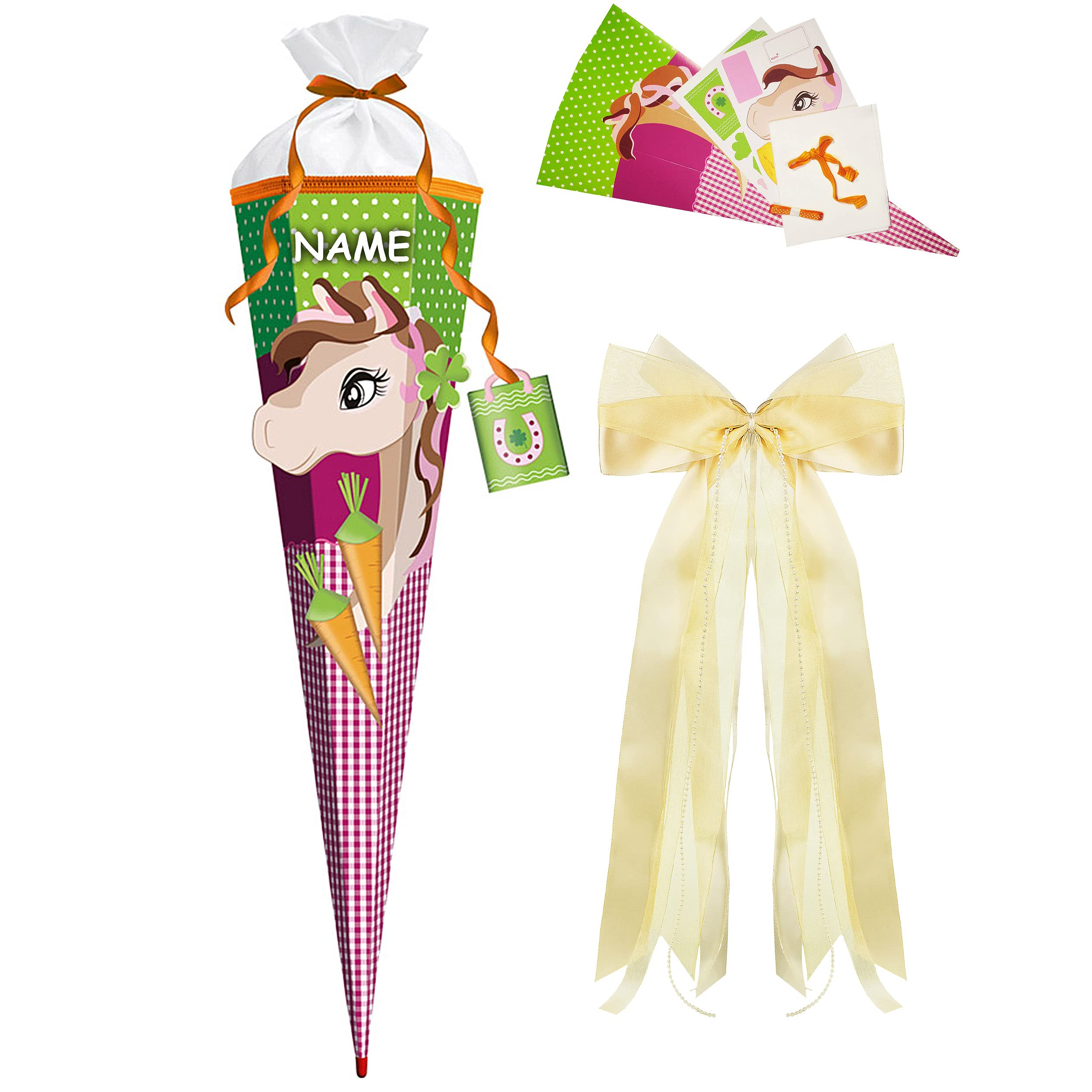 alles-meine.de GmbH BASTELSET - 3D Effekt - Schultüte - Pferd - Fohlen - inkl. große Schleife + Name - 85 cm - mit Holzspitze - Filzabschluß - Zuckertüte - incl. Rohling - Ba..