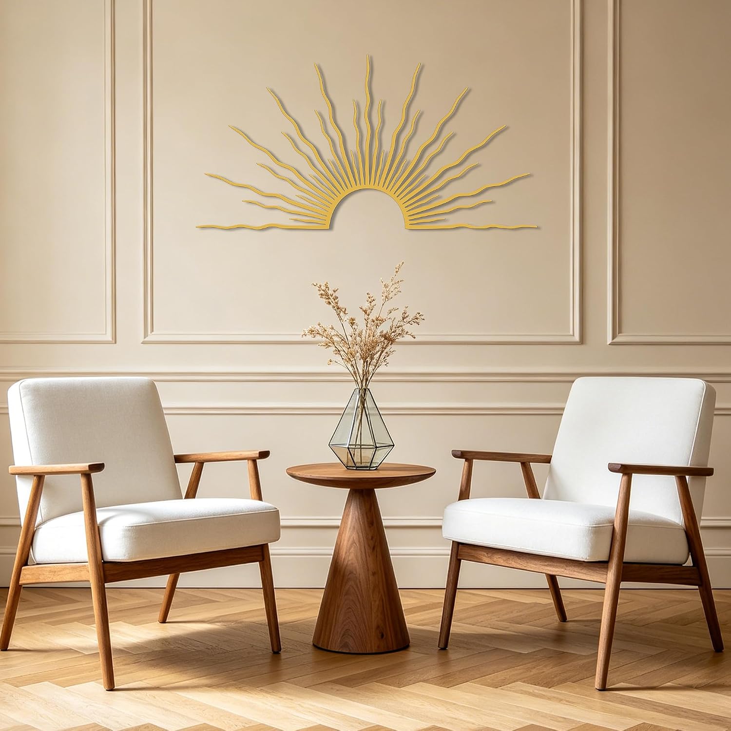 Gold Metal Sun Wall Art - Geometric Flat | 31.5"x15.7" gold metal sun wall art, living room bedroom office decor, flat.