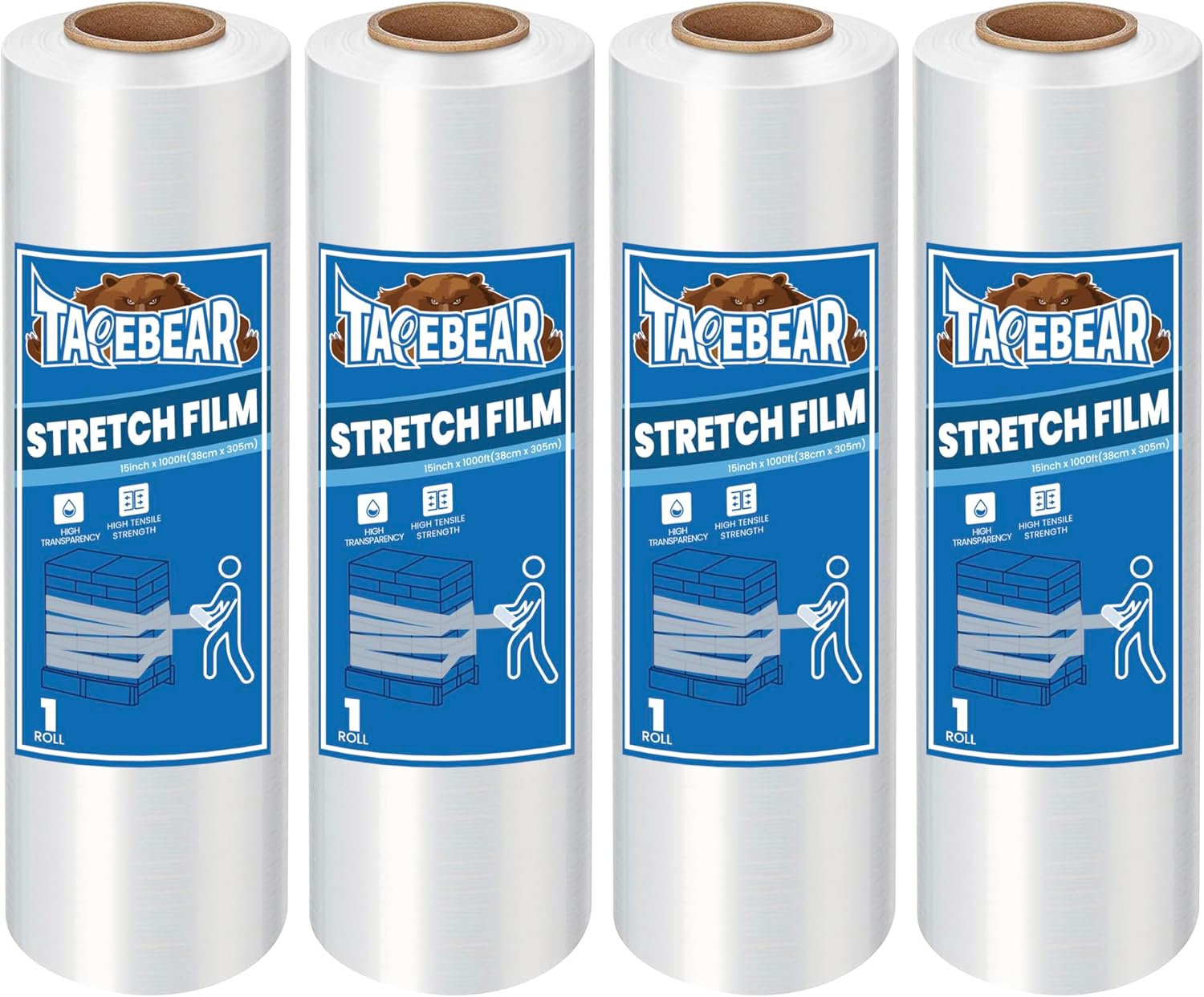 TAPEBEAR 4 Rolls Stretch Wrap Heavy Duty 15" x 1000 Ft, 80 Gauge Industrial Strength Shrink Wrap, High Performance Clear Plastic Wrap Self-Adhering for Furniture Moving, Luggage Packing, Pallet Wrap