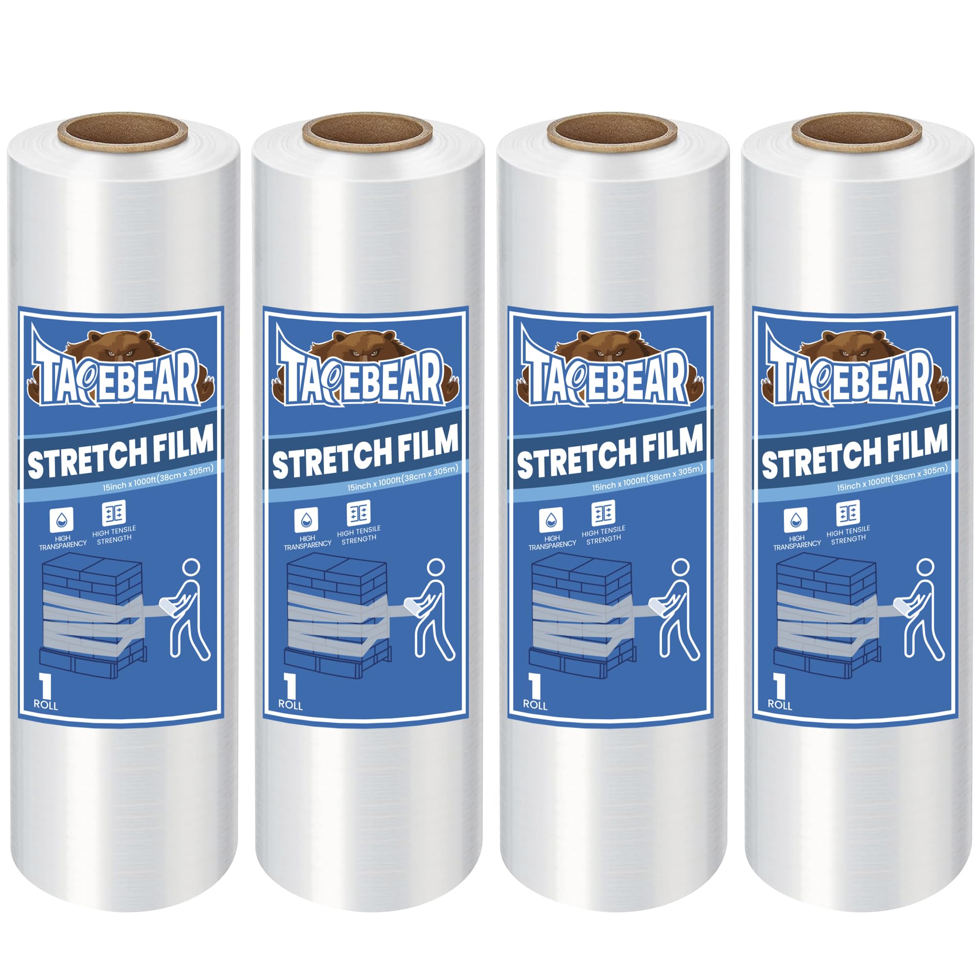 TAPEBEAR 4Rolls Stretch Wrap Heavy Duty 15" x 1000 Ft, 80 Gauge Shrink Wrap