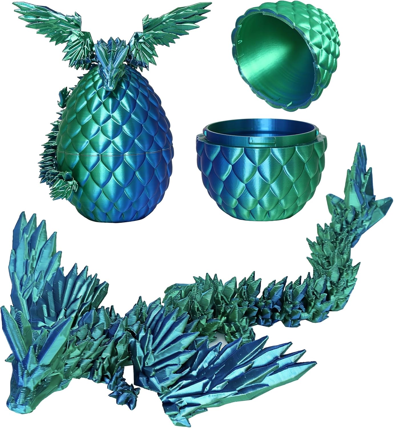3D Printed Dragon with Wings and Eggs: Flexible Crystal Dragon Toy for Desk Decor, Sensory Fidget Toy for Kids & Adults, Unique Easter Basket Stuffers& Birthday Gift(Blue Green)