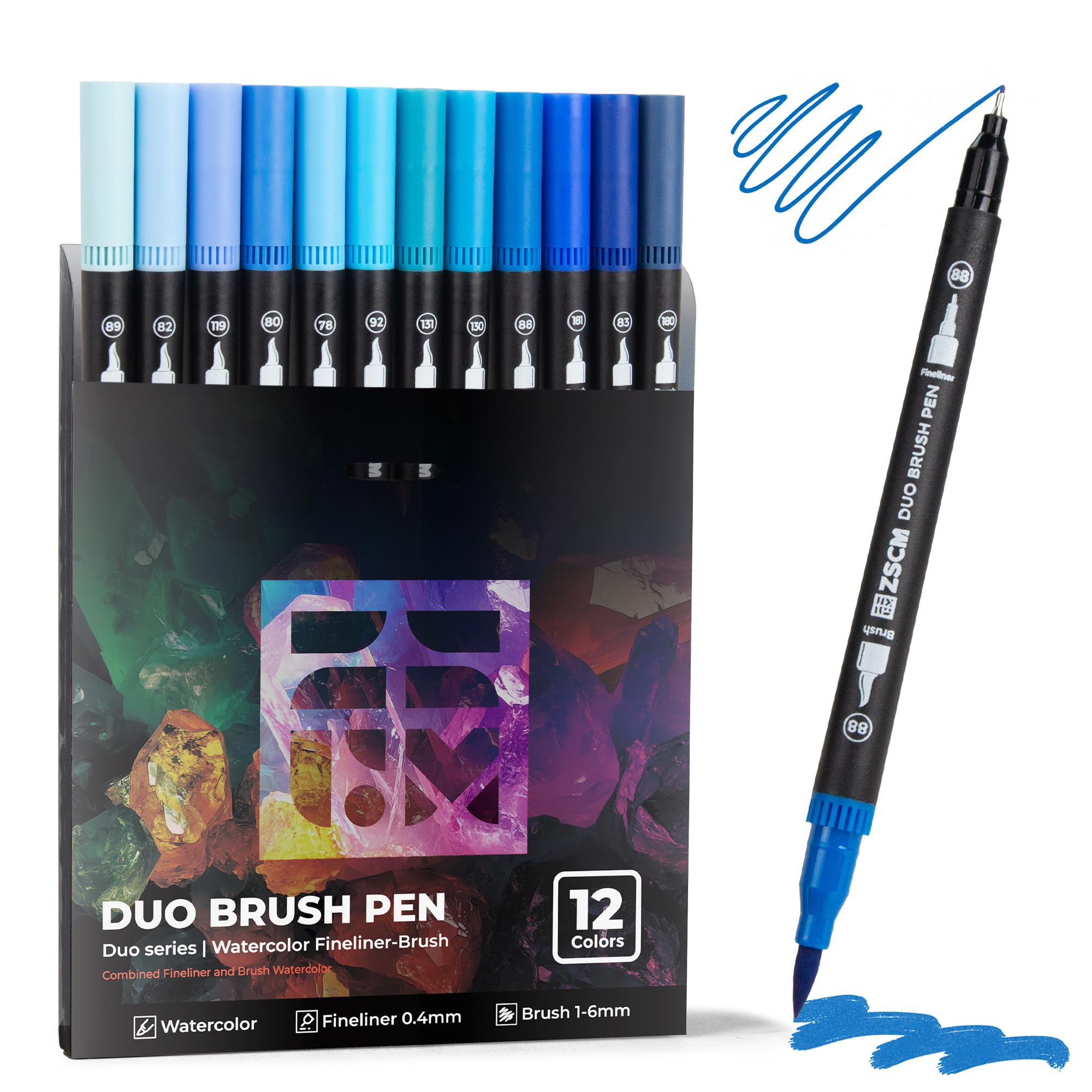 Marcadores de tonos azules con punta doble, juego de 12 marcadores de punta fina y punta de pincel para libros de colorear para adultos sin sangrado, marcadores azul océano para paisajes de cielo