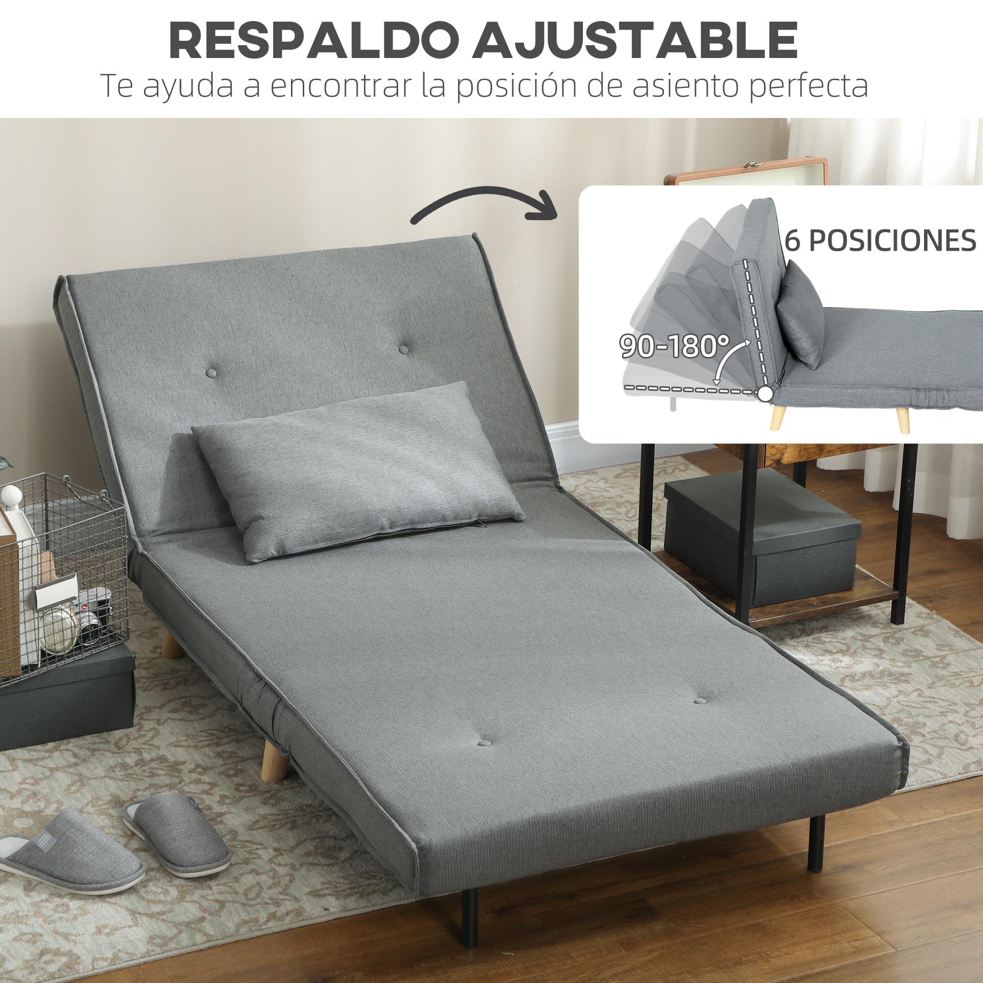 HOMCOM Sofá Cama de 1 Plaza 3 en 1, Sillón Cama Plegable Tapizado en Lino Sintético, con Respaldo Ajustable en 6 Niveles, Almohada, Asiento Ancho, Patas de Madera, 90x78x79 cm, Gris