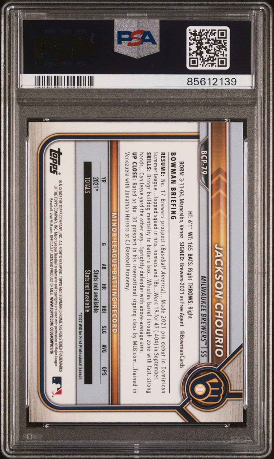 Graded 2022 Topps Bowman Jackson Chourio #BCP79 Chrome Prospects Rookie RC Baseball Card PSA 10 Gem Mint