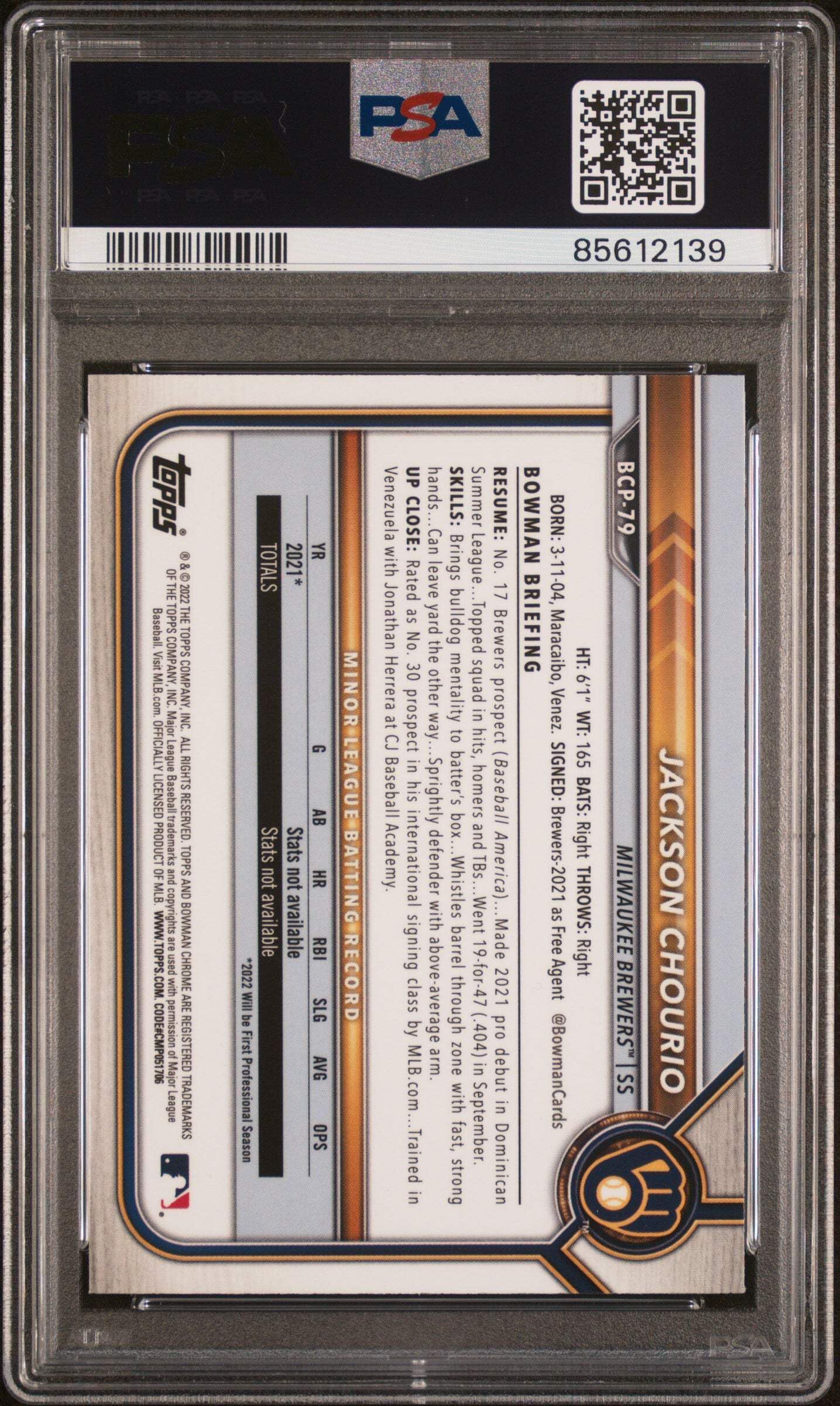 Amazon.com: Graded 2022 Topps Bowman Jackson Chourio #BCP79 Chrome 