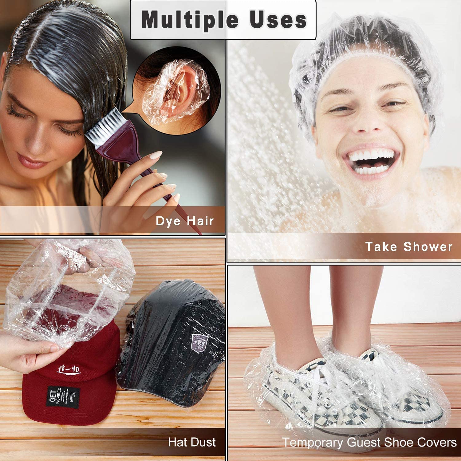 30PCS Disposable Shower Caps + 60PCS Clear Ear Protectors, Individually Wrapped Larger and Thicker Plastic Caps, Waterproof Ear Covers for Home, Hotel(Transparent)