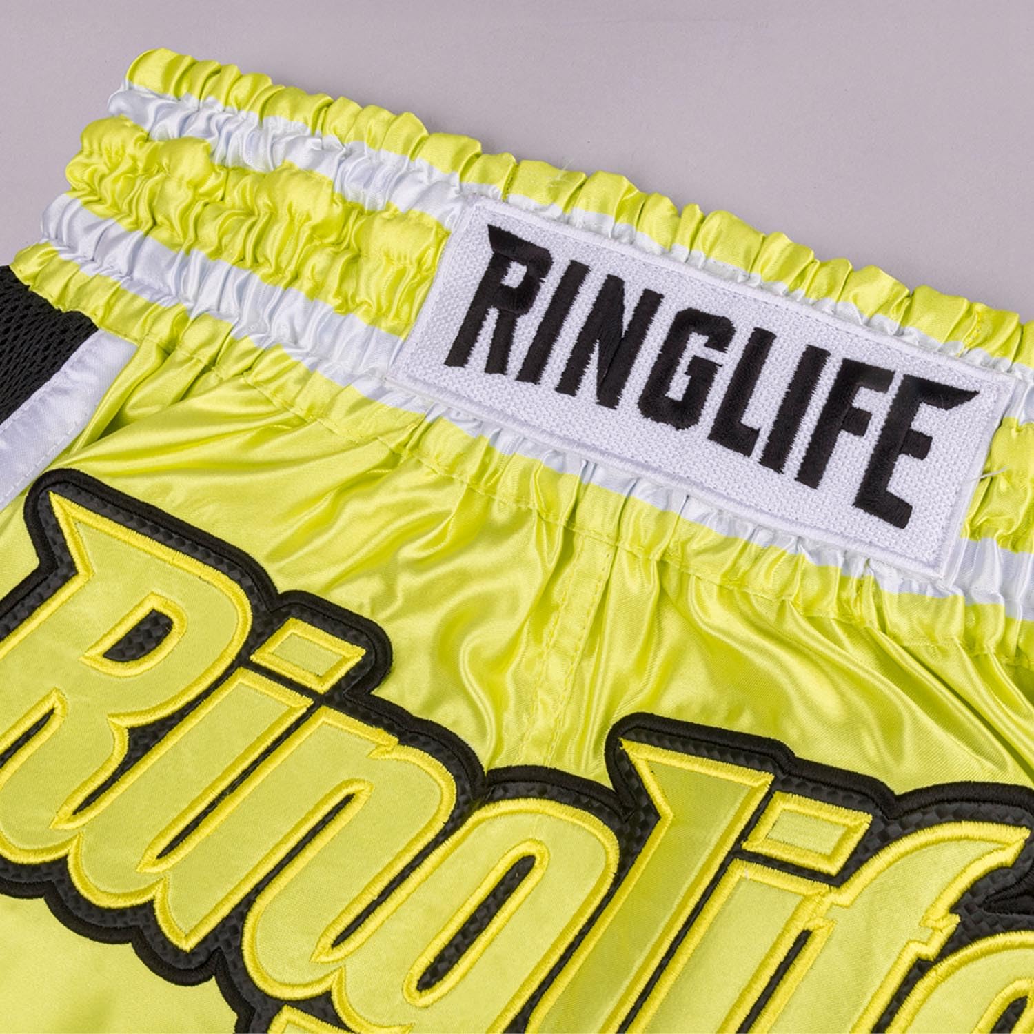 Muay Thai Shorts, Represent, Gelb-schwarz, Kickboxhose für Training & Wettkampf, Thaibox Shorts Satin, Atmungsaktiv, Langlebig, Kampfsporthose für MMA, K1, Boxen, Thai Boxen