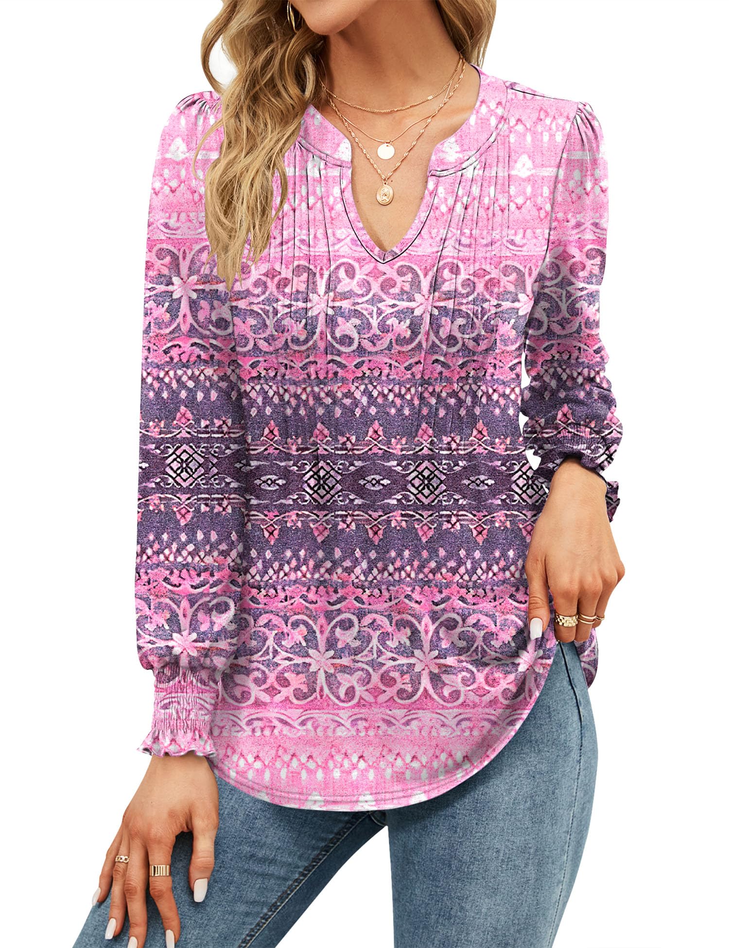 Womens V Neck Tops Puff Short Sleeve T-Shirt Pleated Floral Printed Tunic Blouse Shirts — view 29