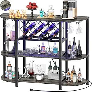 Unikito 4-Tier Metal Coffee Bar Cabinet with Outlet and LED Light, Freestanding Floor Bar Table for Liquor with Glass Hold...