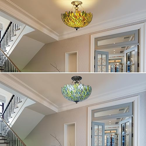 Miniatura 4 de Tiffany - Lámpara de techo de glicina verde con vitrales, semi empotrada, 16 pulgadas de altura, 15 pulgadas, lámpara de techo Tiffany