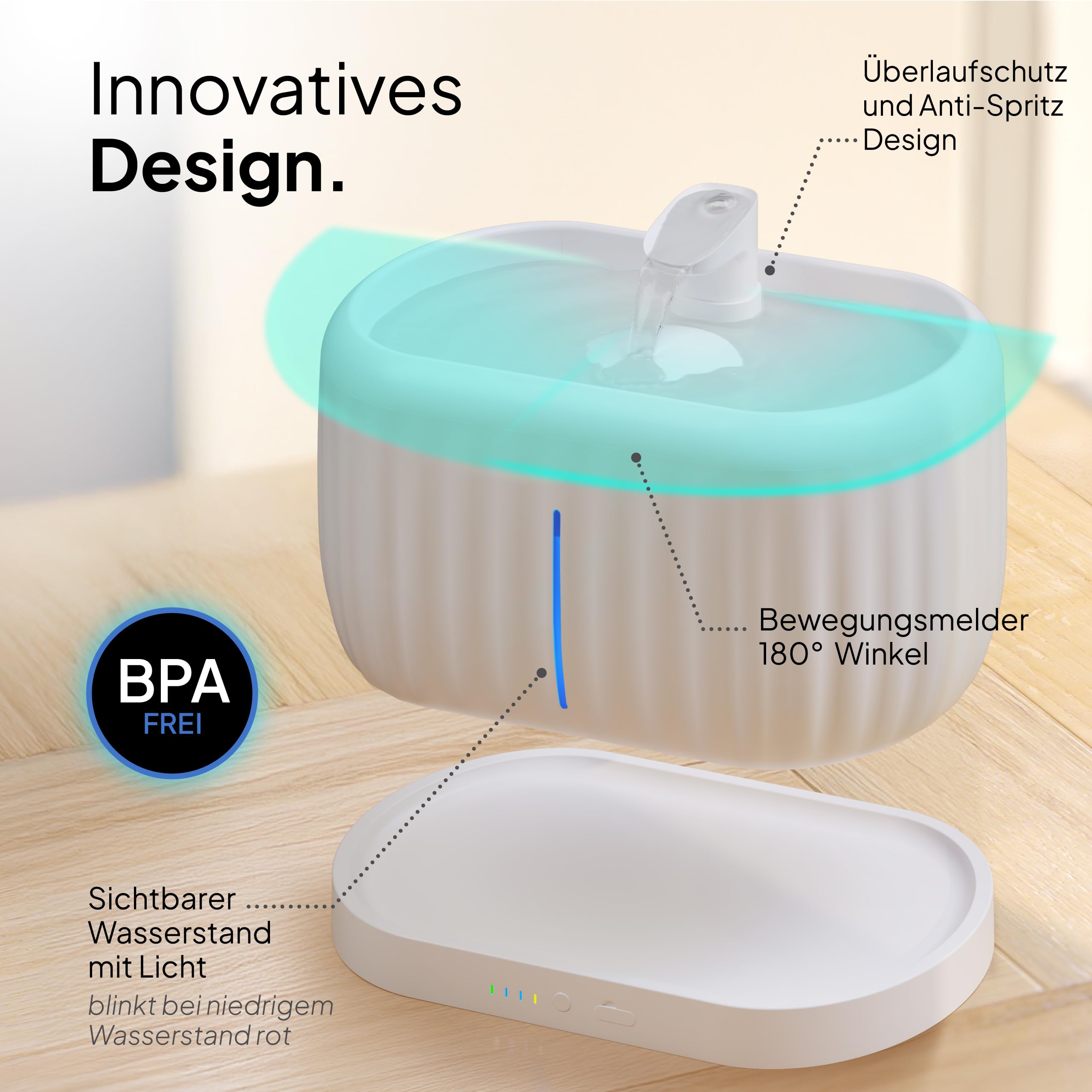 Pretty Paw Kabelloser Katzentrinkbrunnen mit Bewegungssensor, 3L – Sehr leise, Akku-Betrieb mit 3 Modi – Pure Flow Max