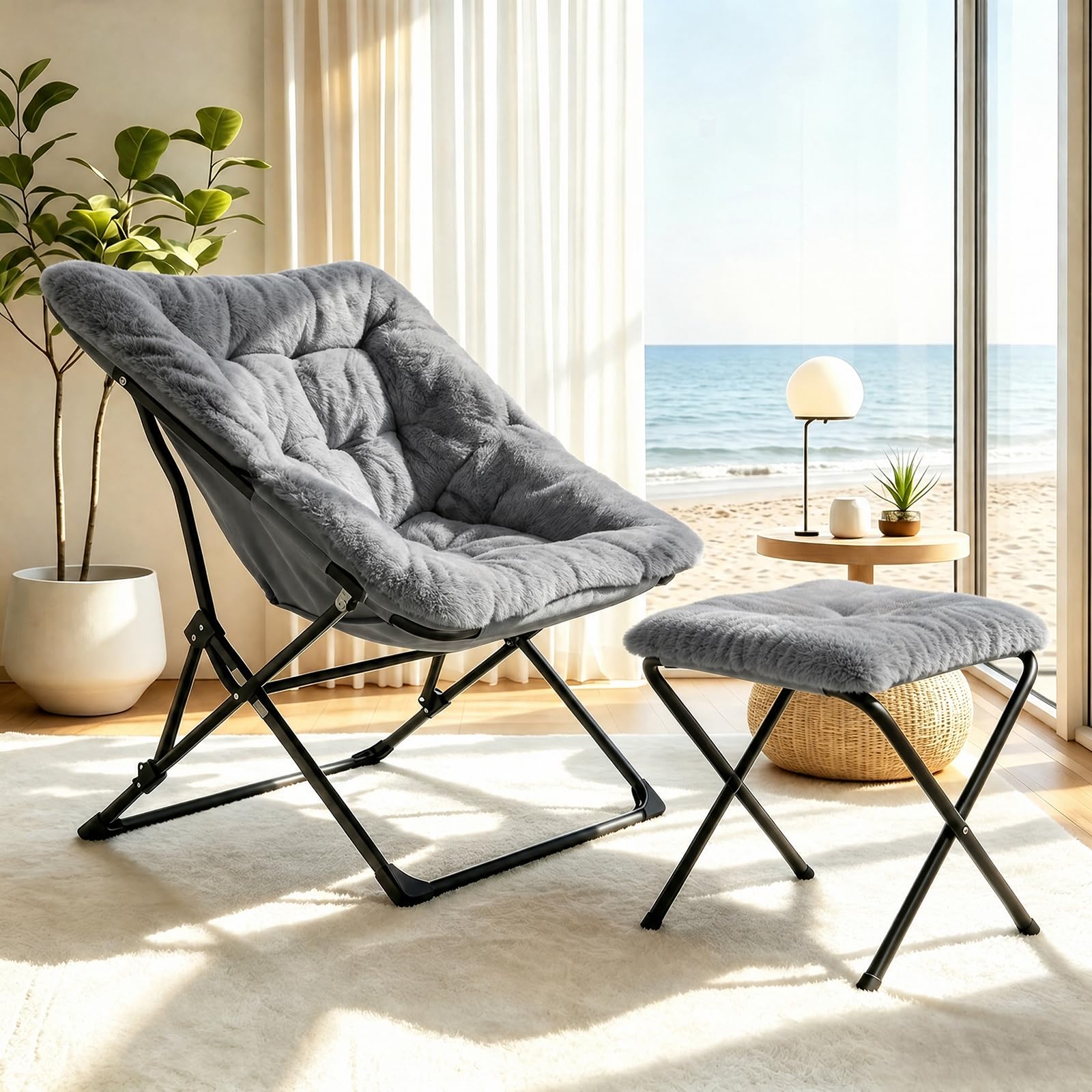 Sillón plegable con reposapiés de 150 kg, forro polar, color gris