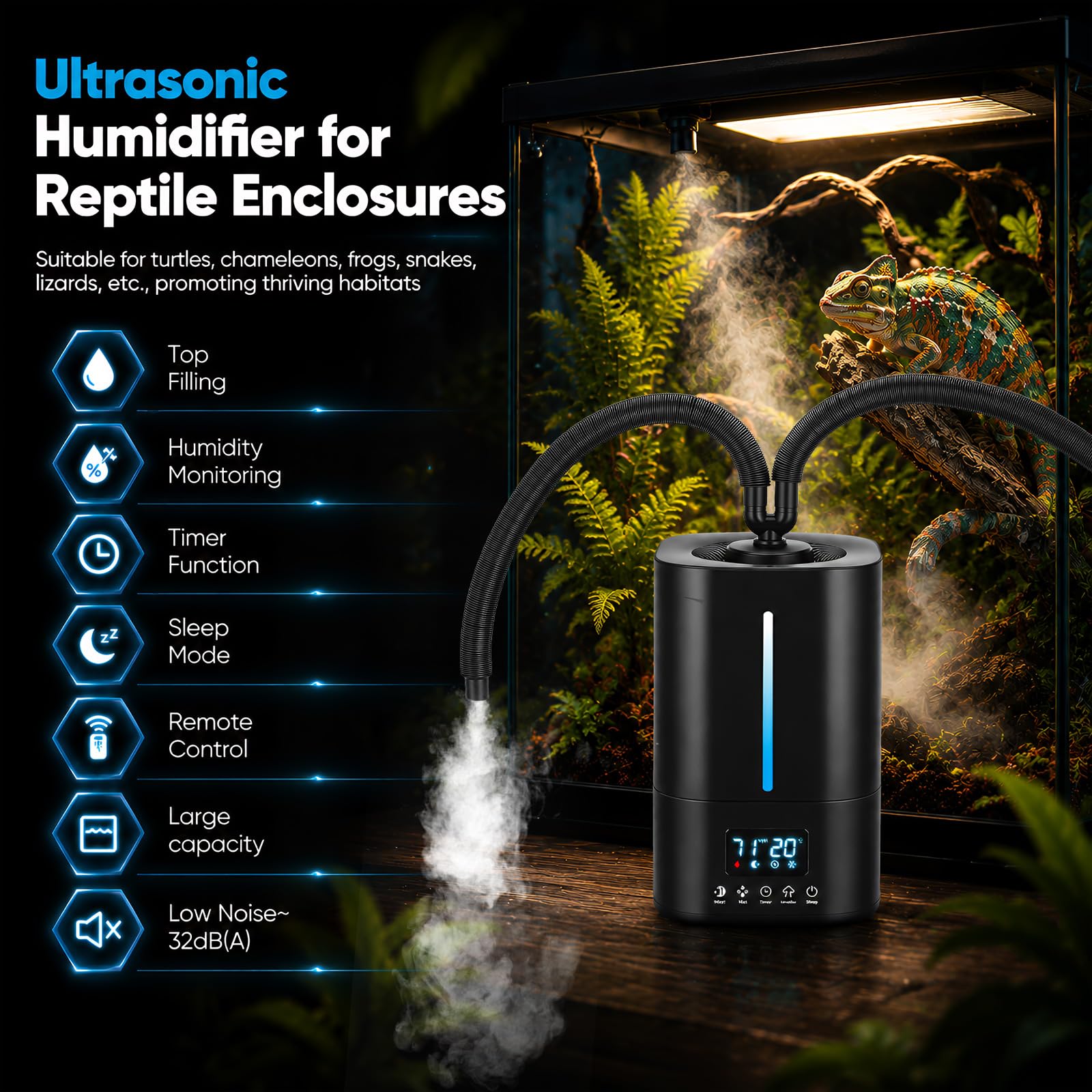 Humidificador para reptiles y plantas, humidificador de terrario de 5 litros con mando a distancia, temporizador y modo de sueño, salida de niebla de 3 niveles, humidificador de relleno superior para